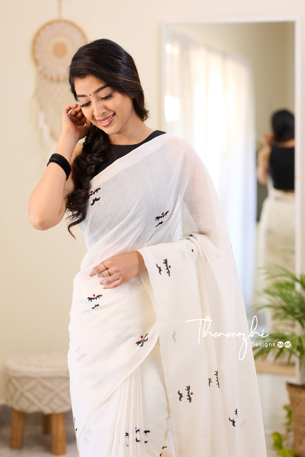 Bharathiyar - White Mangalagiri Block Print Cotton Saree