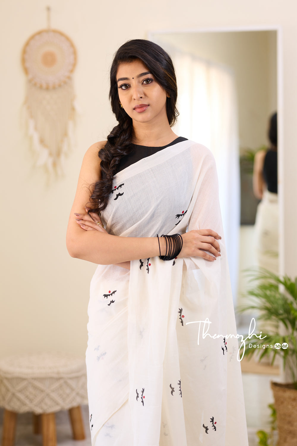 Bharathiyar - White Mangalagiri Block Print Cotton Saree
