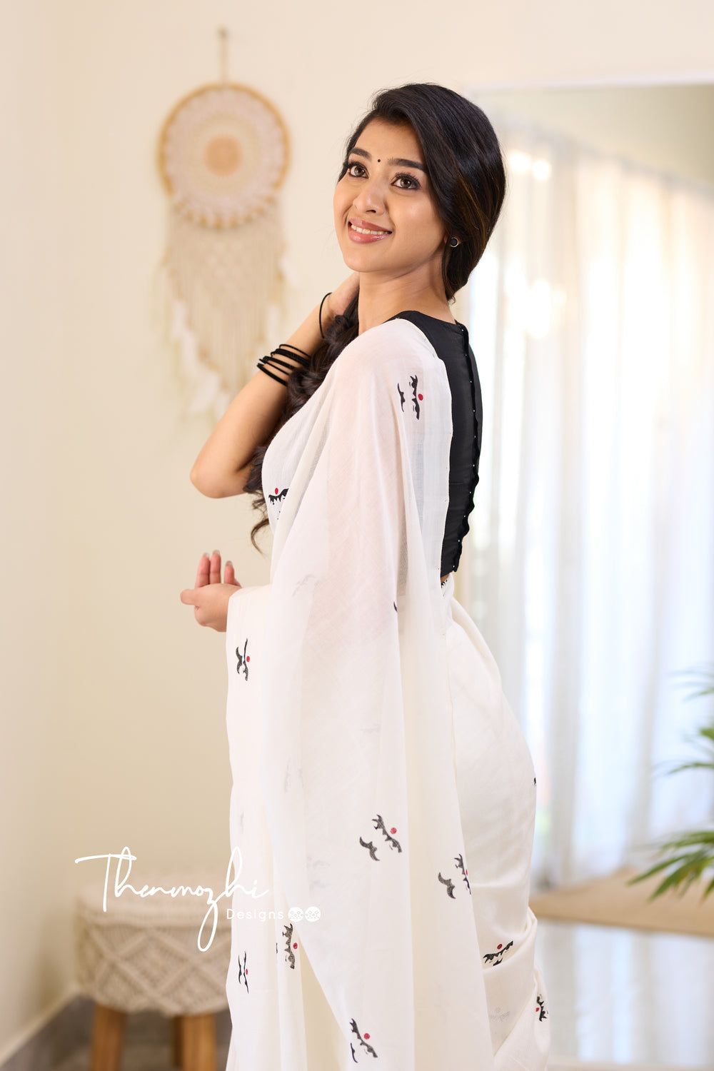 Bharathiyar - White Mangalagiri Block Print Cotton Saree