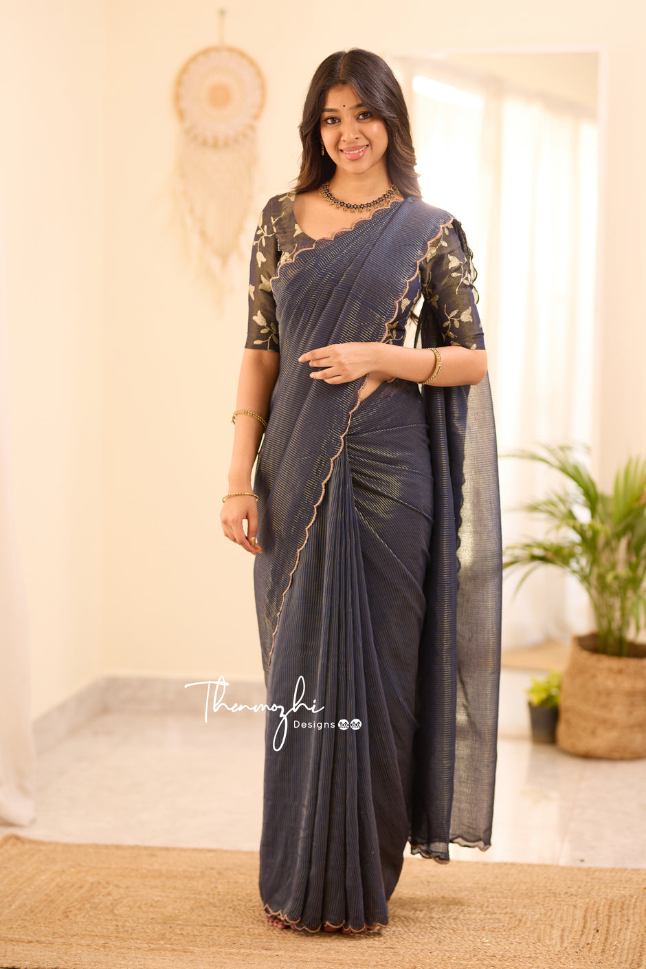 Dark Blue Striped Mul Cotton Saree