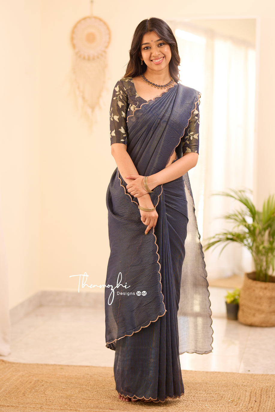 Dark Blue Striped Mul Cotton Saree