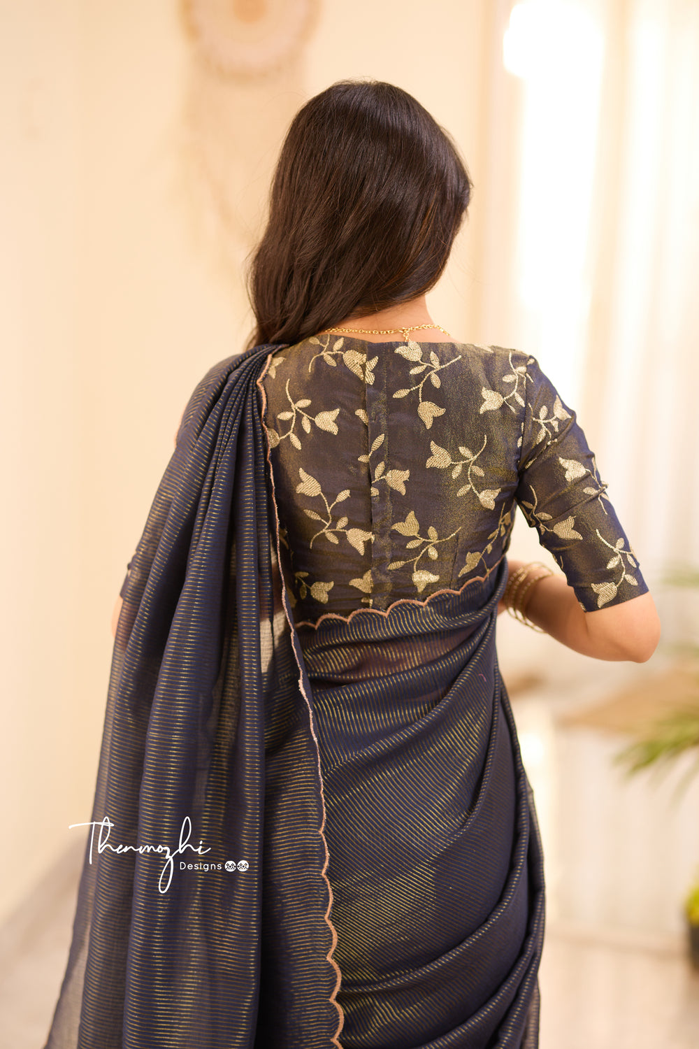 Dark Blue Striped Mul Cotton Saree