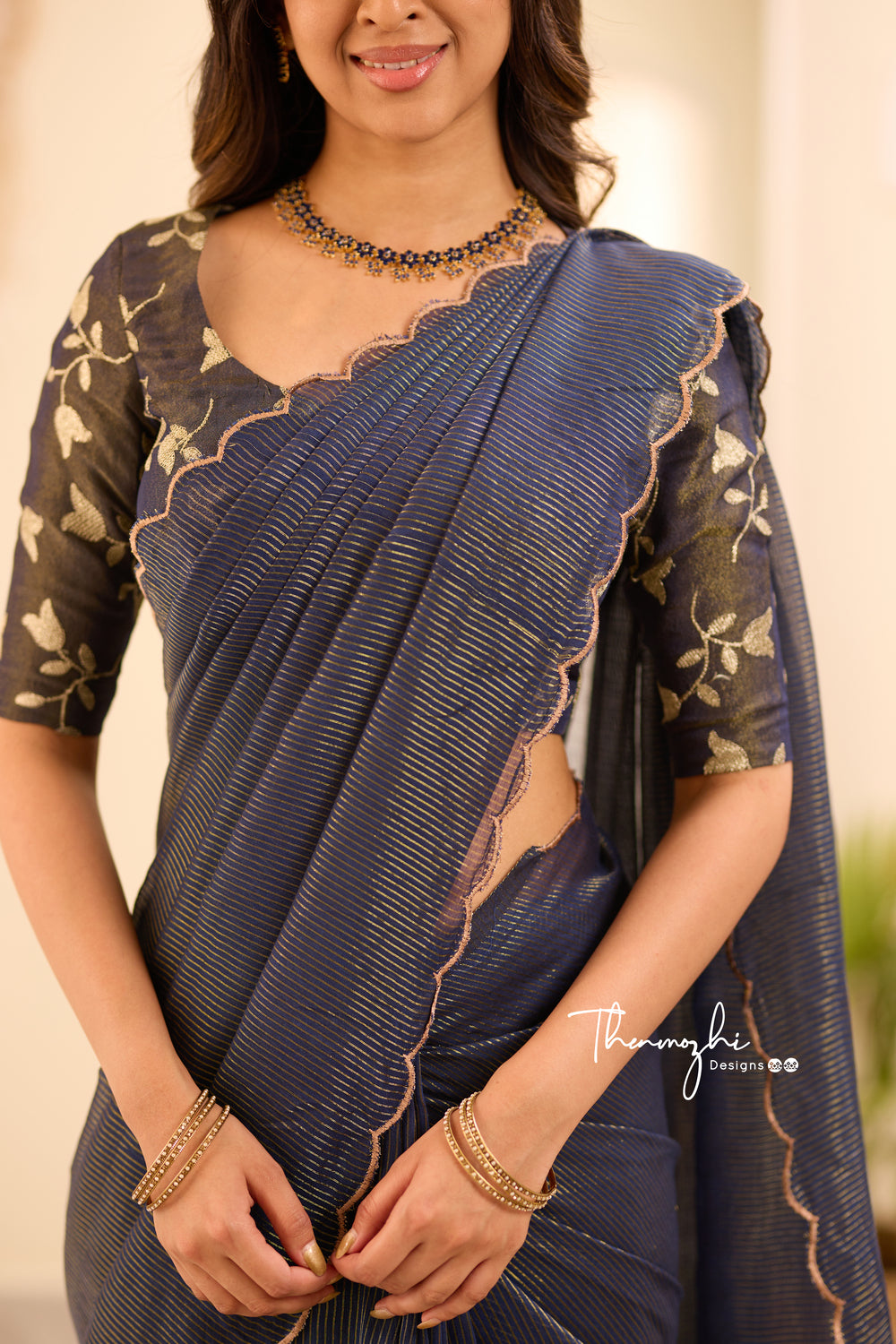 Dark Blue Striped Mul Cotton Saree