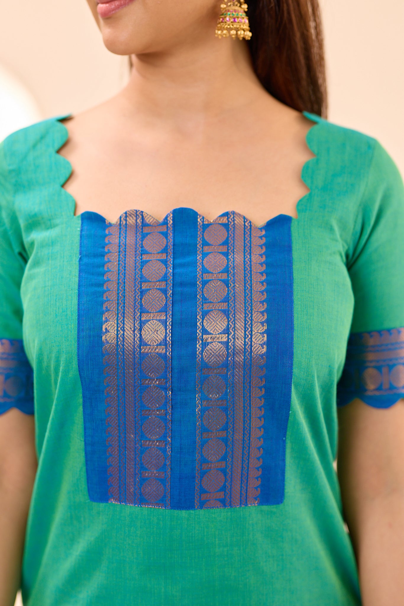 Aqua Green with Royal Blue Zari Border Chettinad Cotton Top and Dupatta