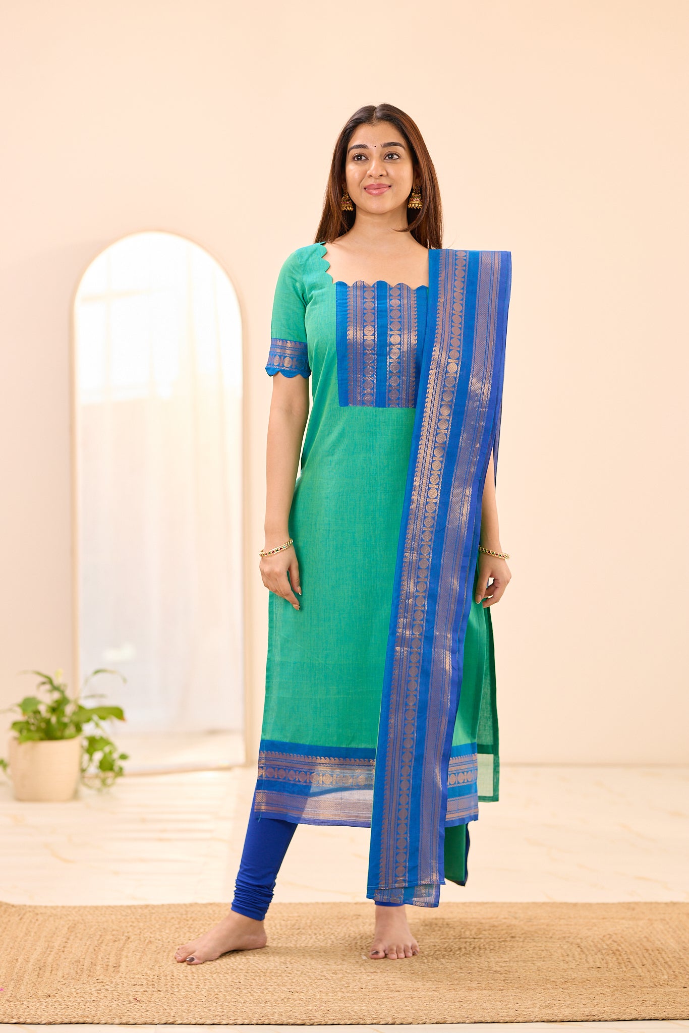 Aqua Green with Royal Blue Zari Border Chettinad Cotton Top and Dupatta