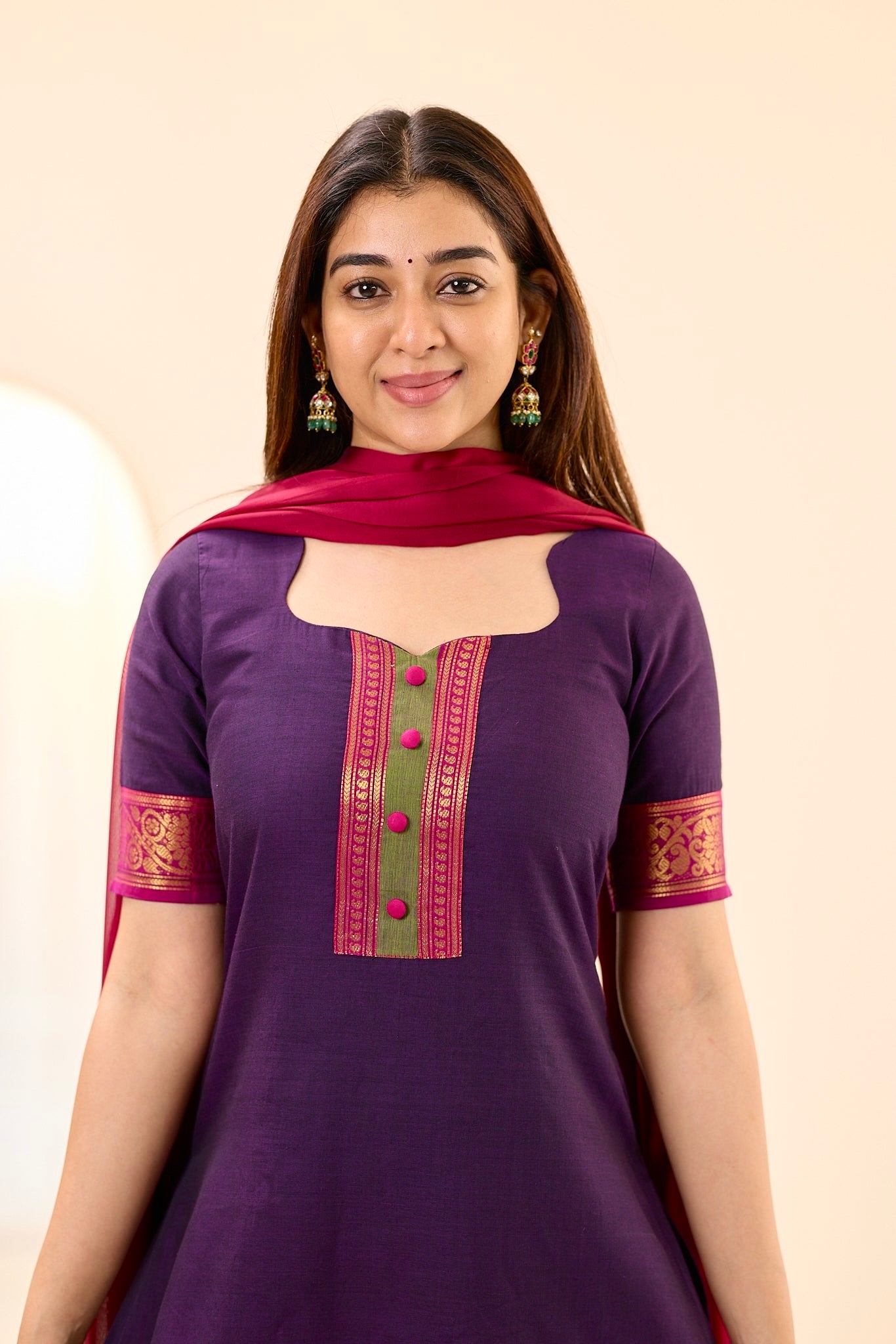 Deep Purple with Pink Zari Chettinad Cotton Top and Dupatta
