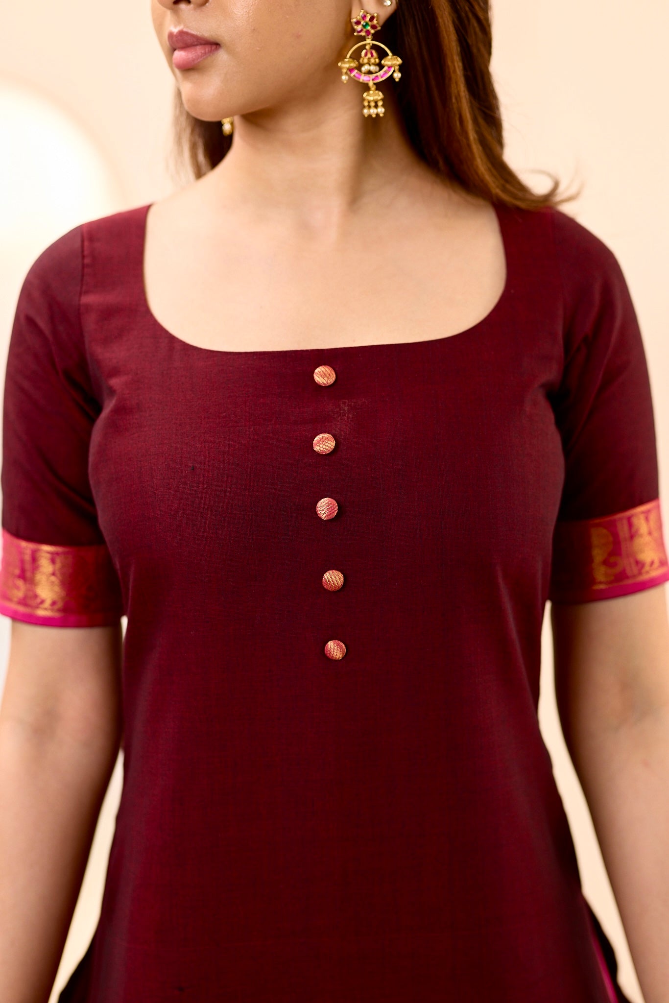 Rich Burgundy with Rani Pink Border Chettinad Top and Dupatta