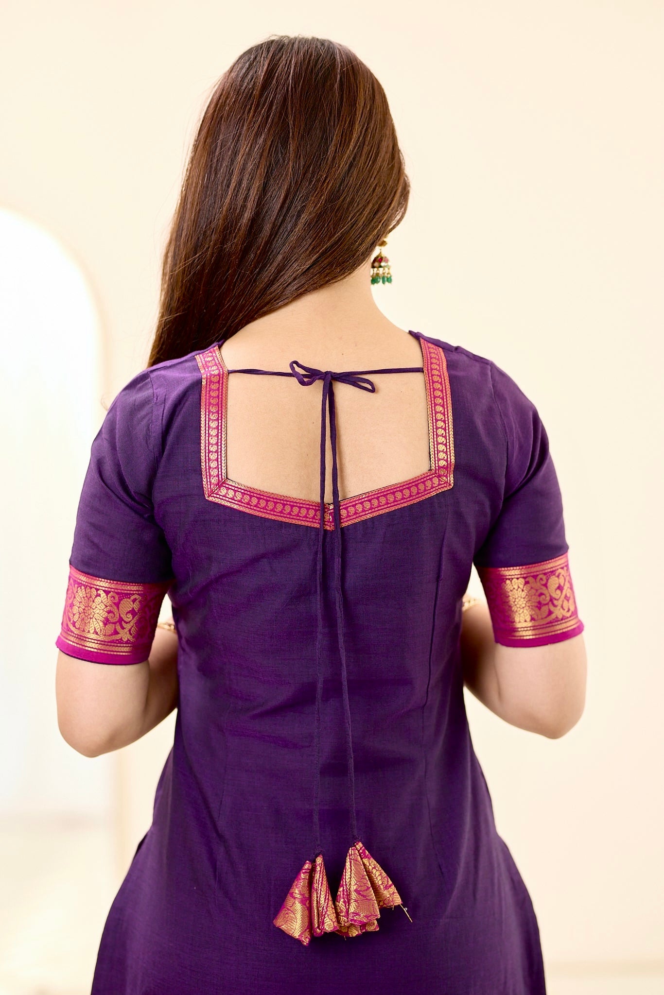 Deep Purple with Pink Zari Chettinad Cotton Top and Dupatta