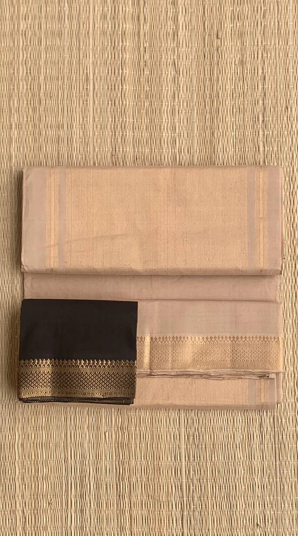 Beige & Black - Mangalagiri Cotton Saree with Zari Border