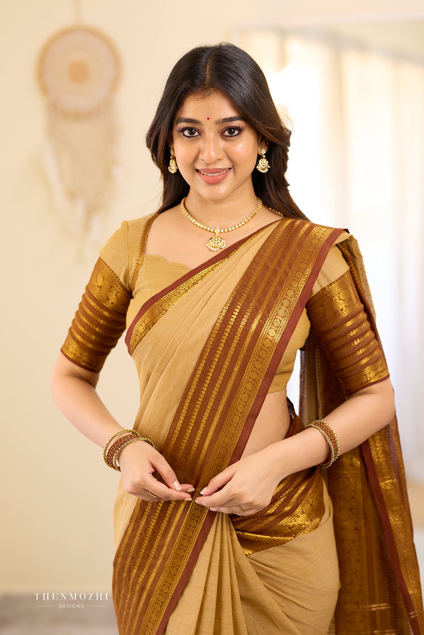 Beige and Brown Chettinad Cotton Saree