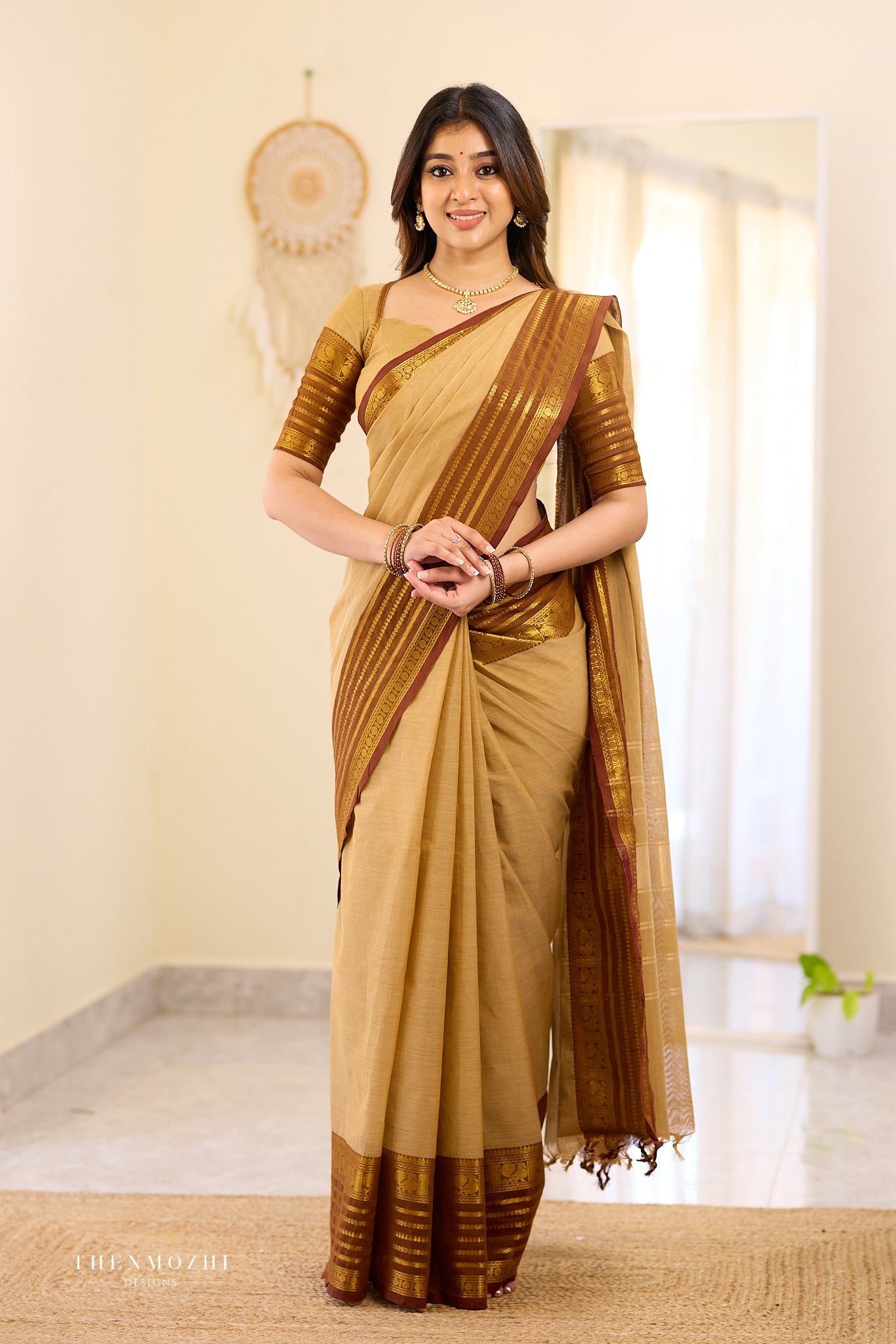 Beige and Brown Chettinad Cotton Saree