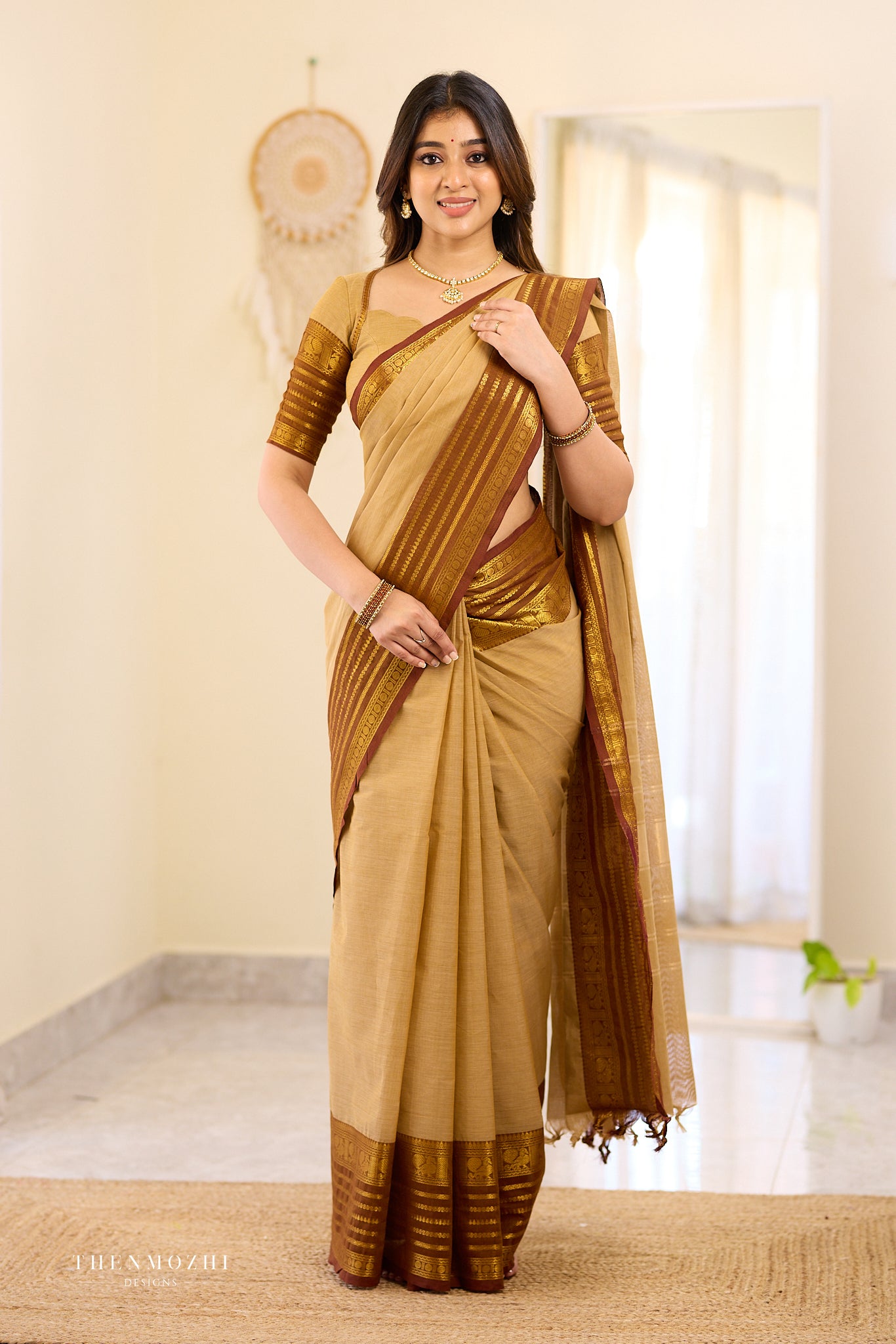 Beige and Brown Chettinad Cotton Saree