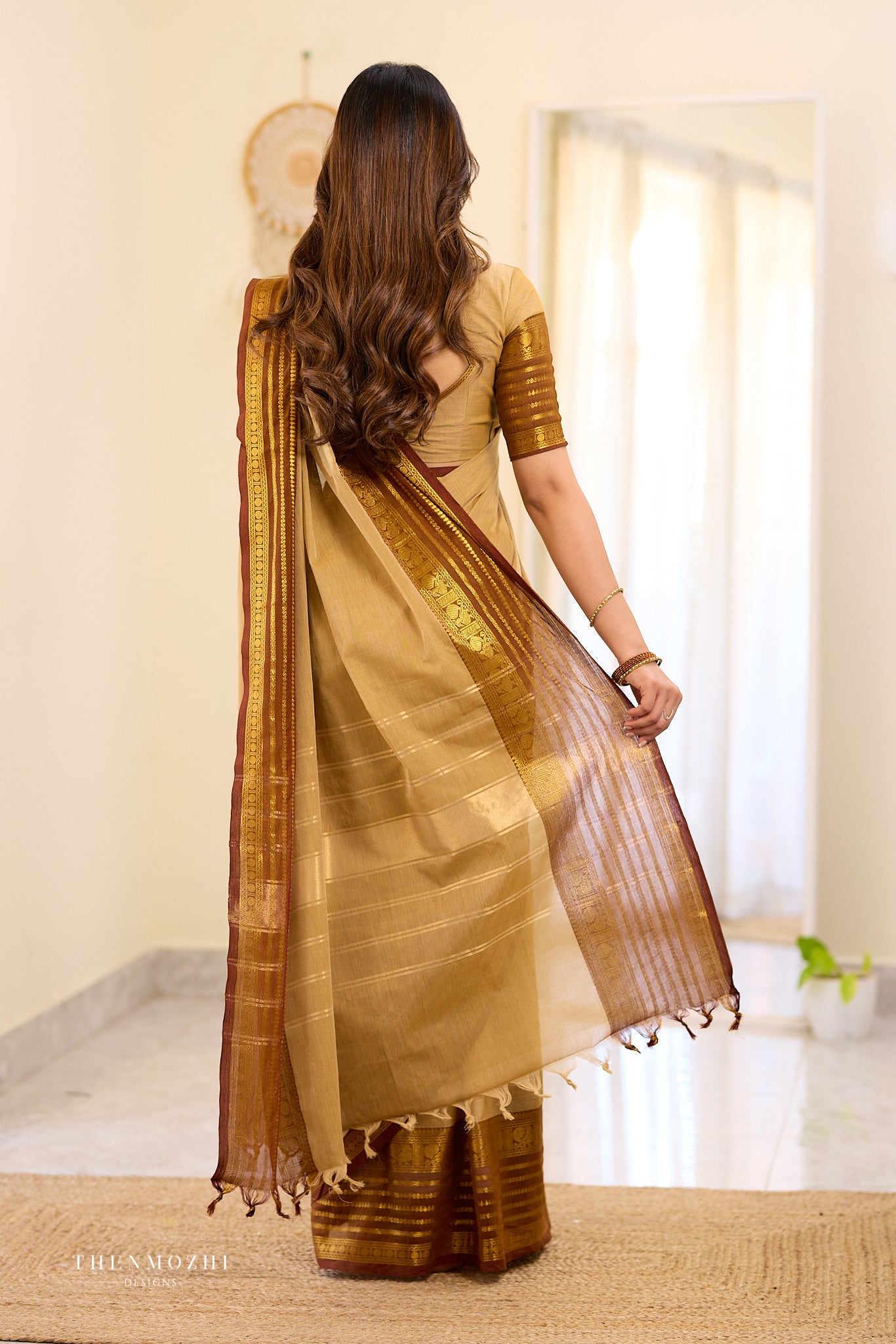 Beige and Brown Chettinad Cotton Saree