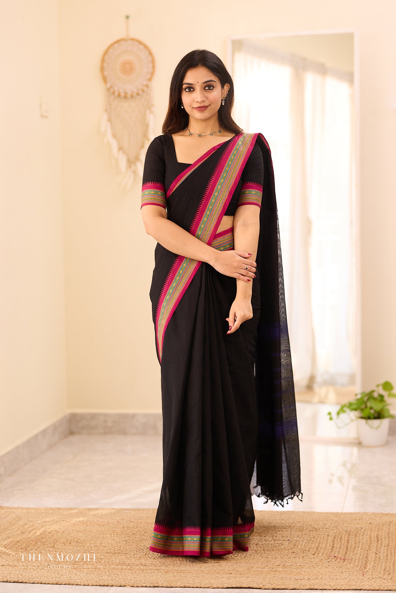 Black Chettinad Cotton Saree with Contrast Thread Border