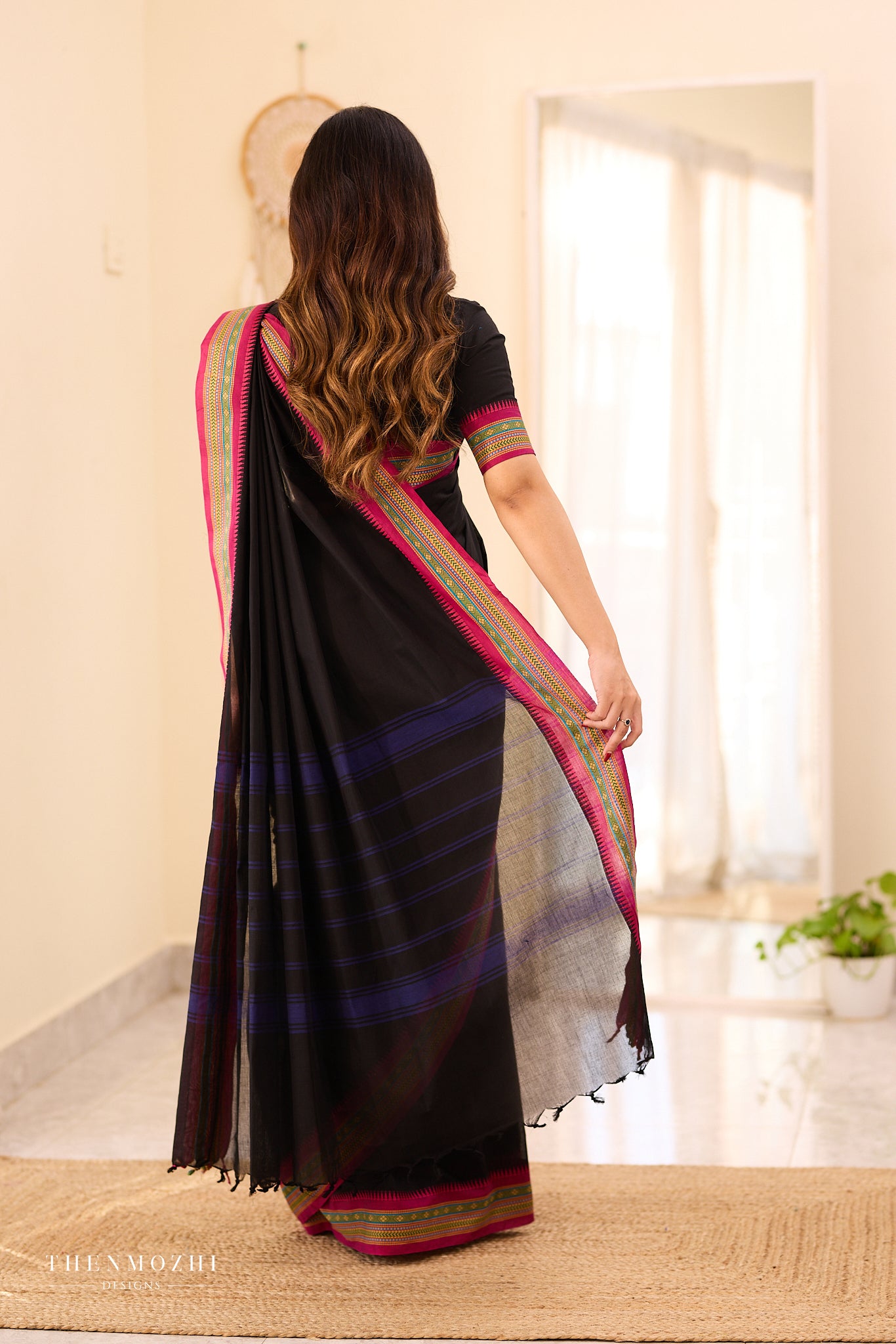 Black Chettinad Cotton Saree with Contrast Thread Border