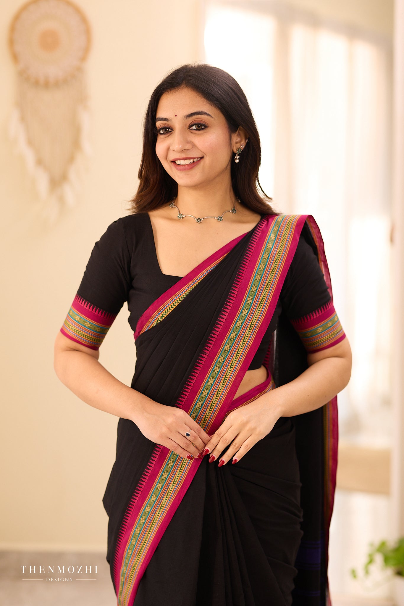 Black Chettinad Cotton Saree with Contrast Thread Border