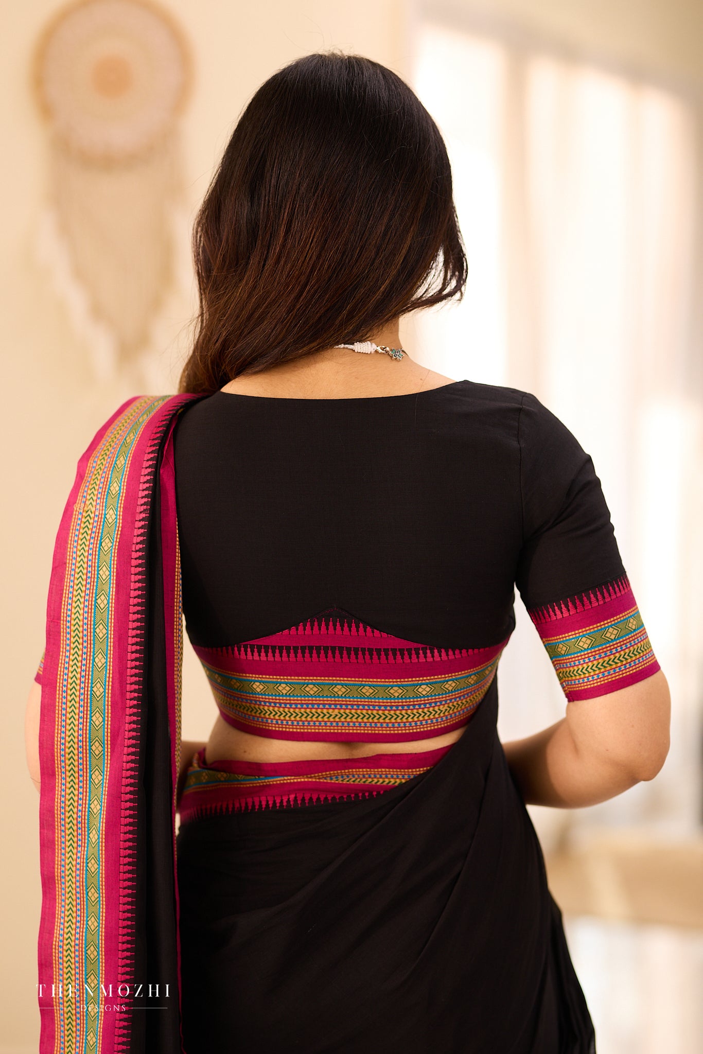 Black Chettinad Cotton Saree with Contrast Thread Border