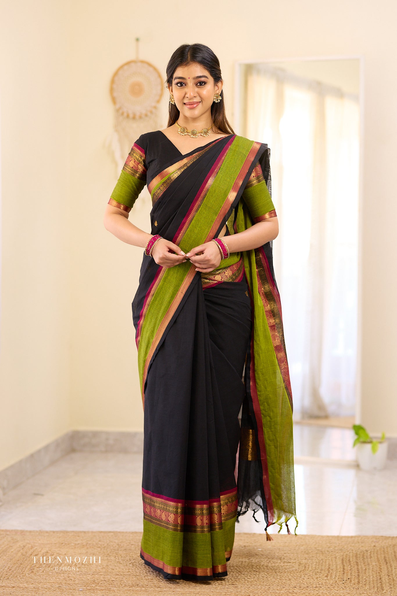 Black and Green Chettinad Cotton Saree