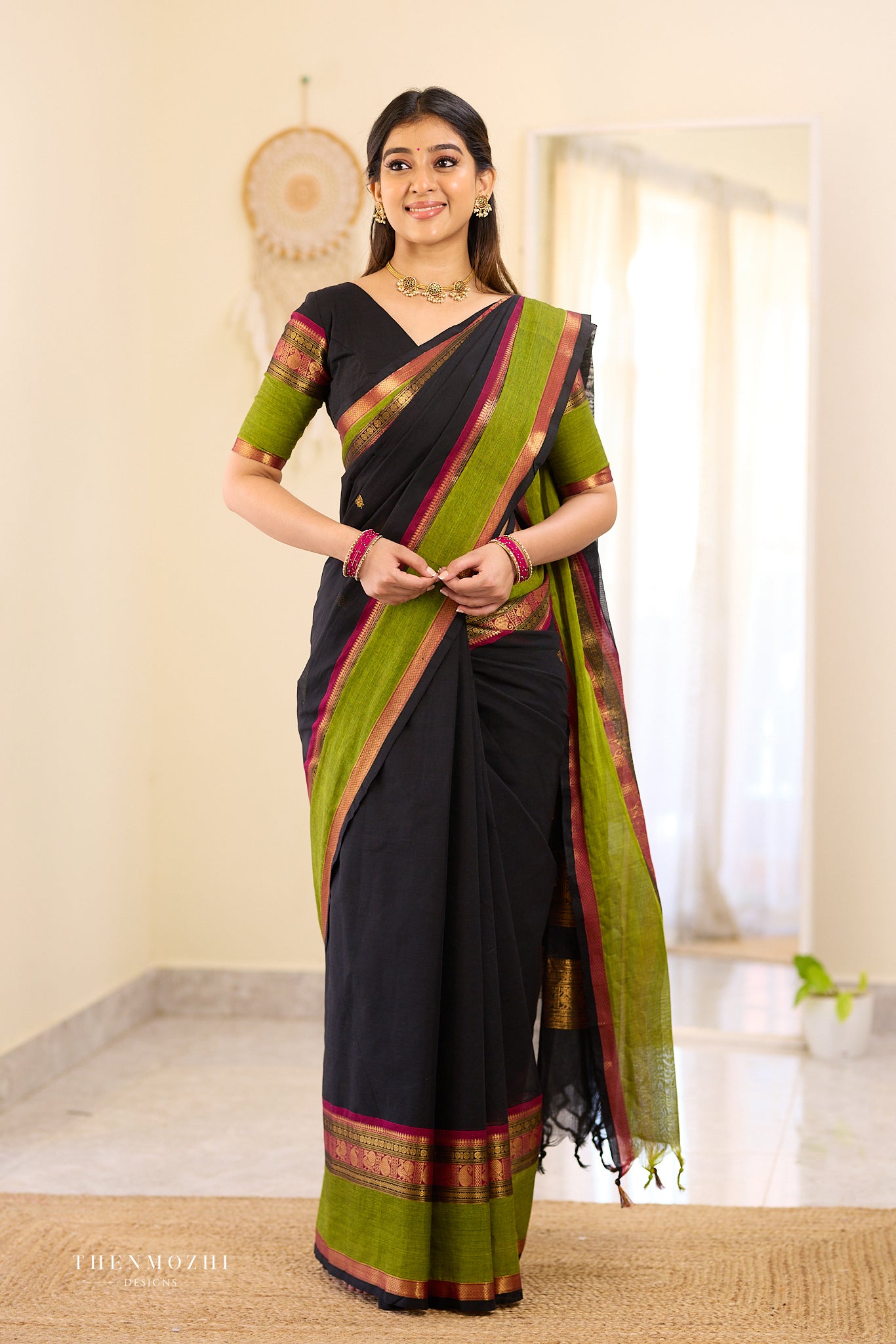 Black and Green Chettinad Cotton Saree