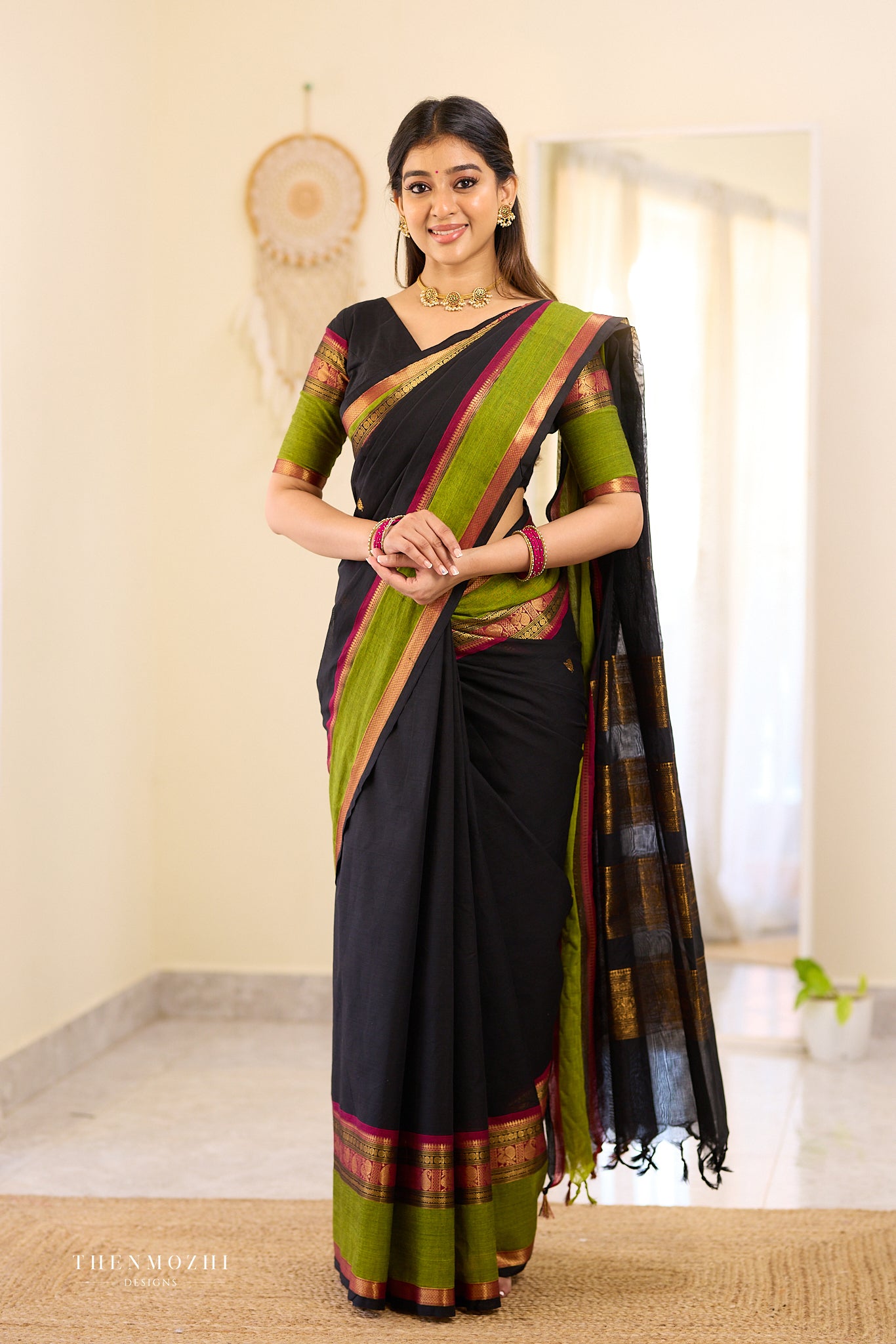 Black and Green Chettinad Cotton Saree