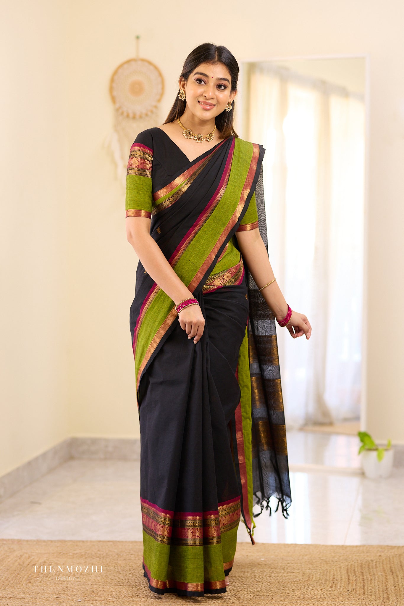 Black and Green Chettinad Cotton Saree