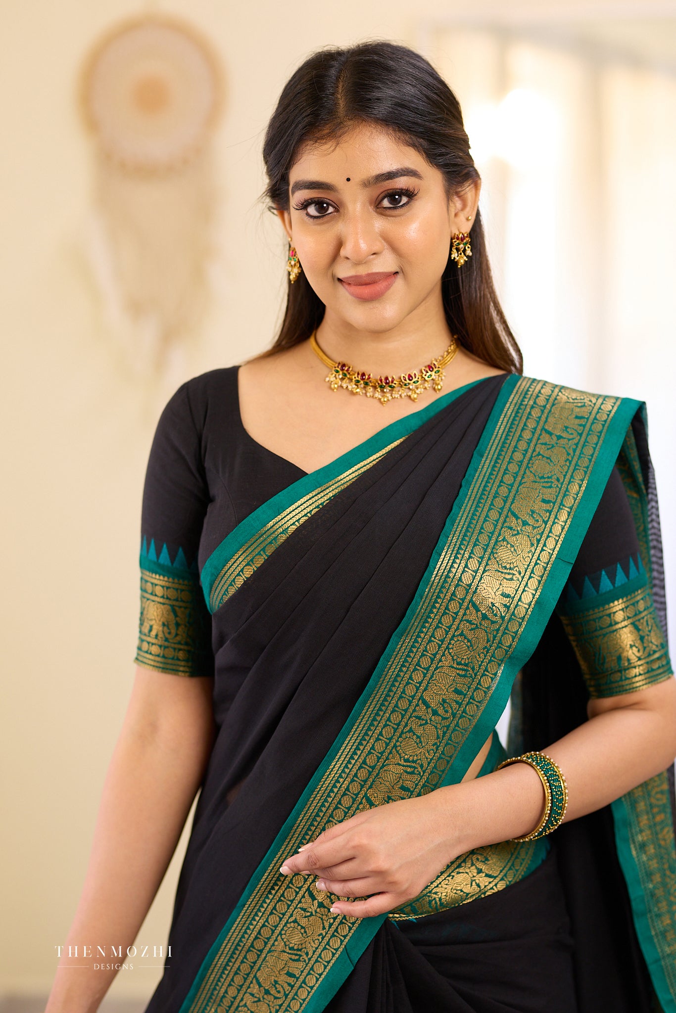 Black and Turquoise Chettinad Cotton Saree