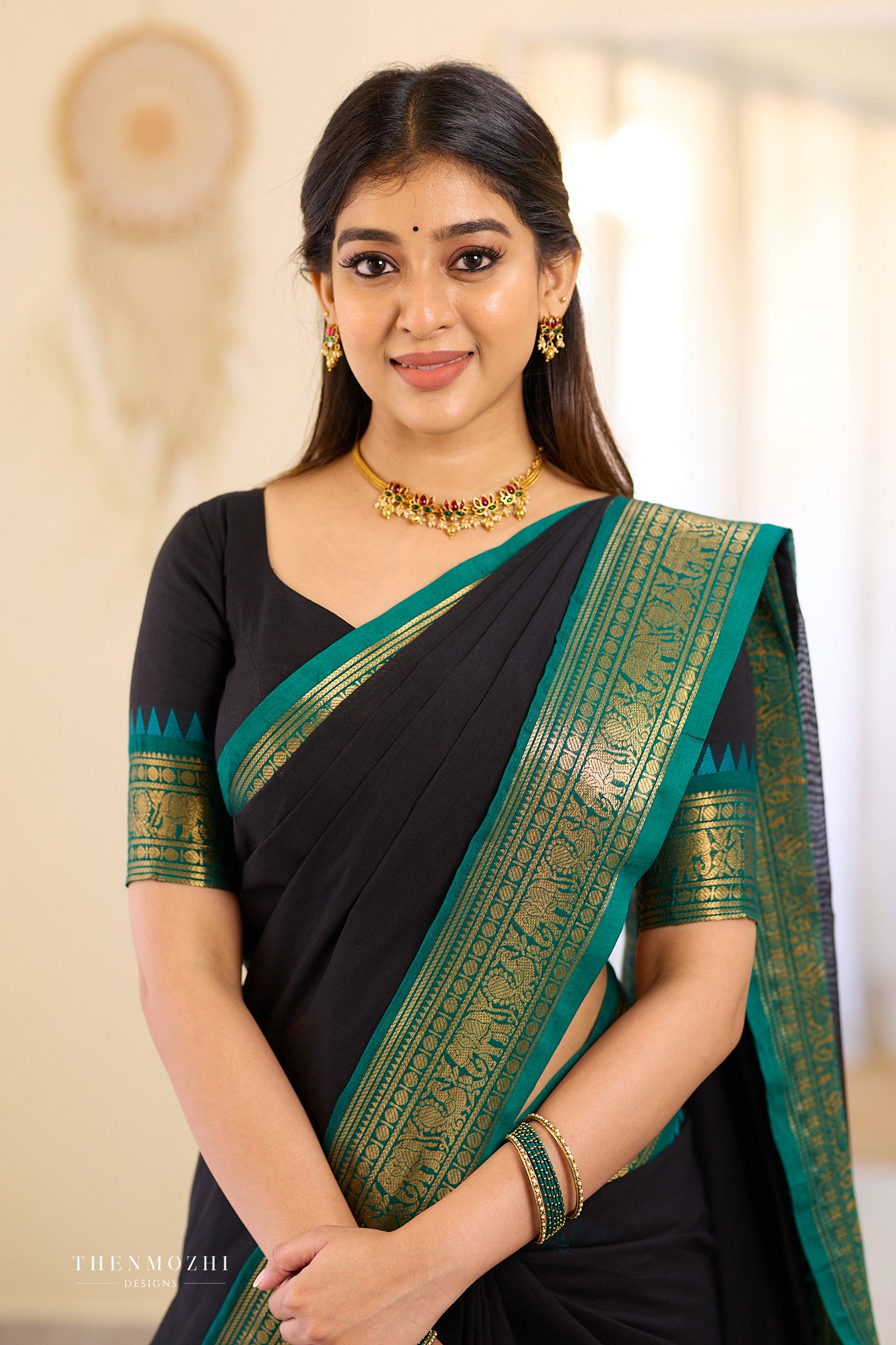 Black and Turquoise Chettinad Cotton Saree