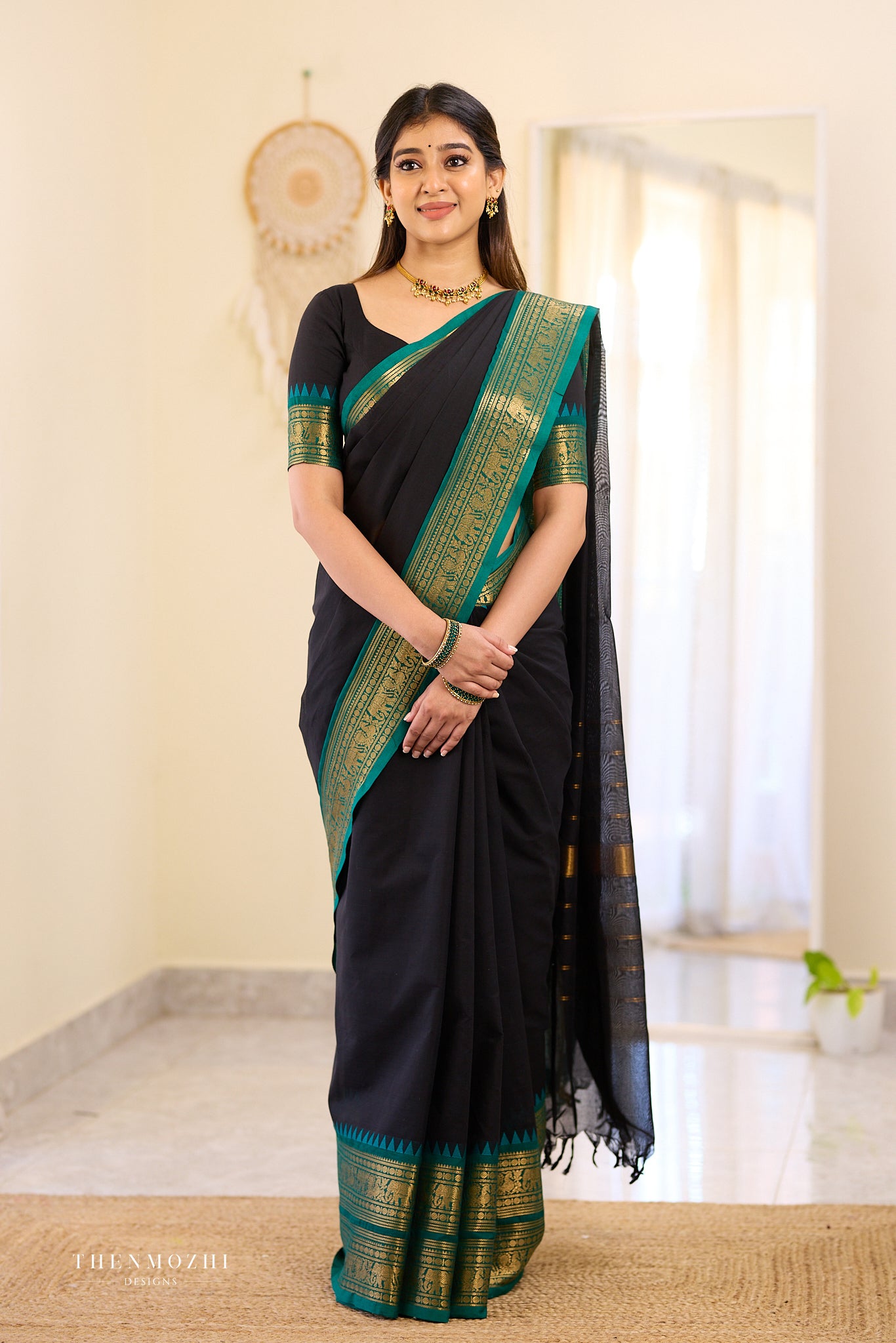 Black and Turquoise Chettinad Cotton Saree