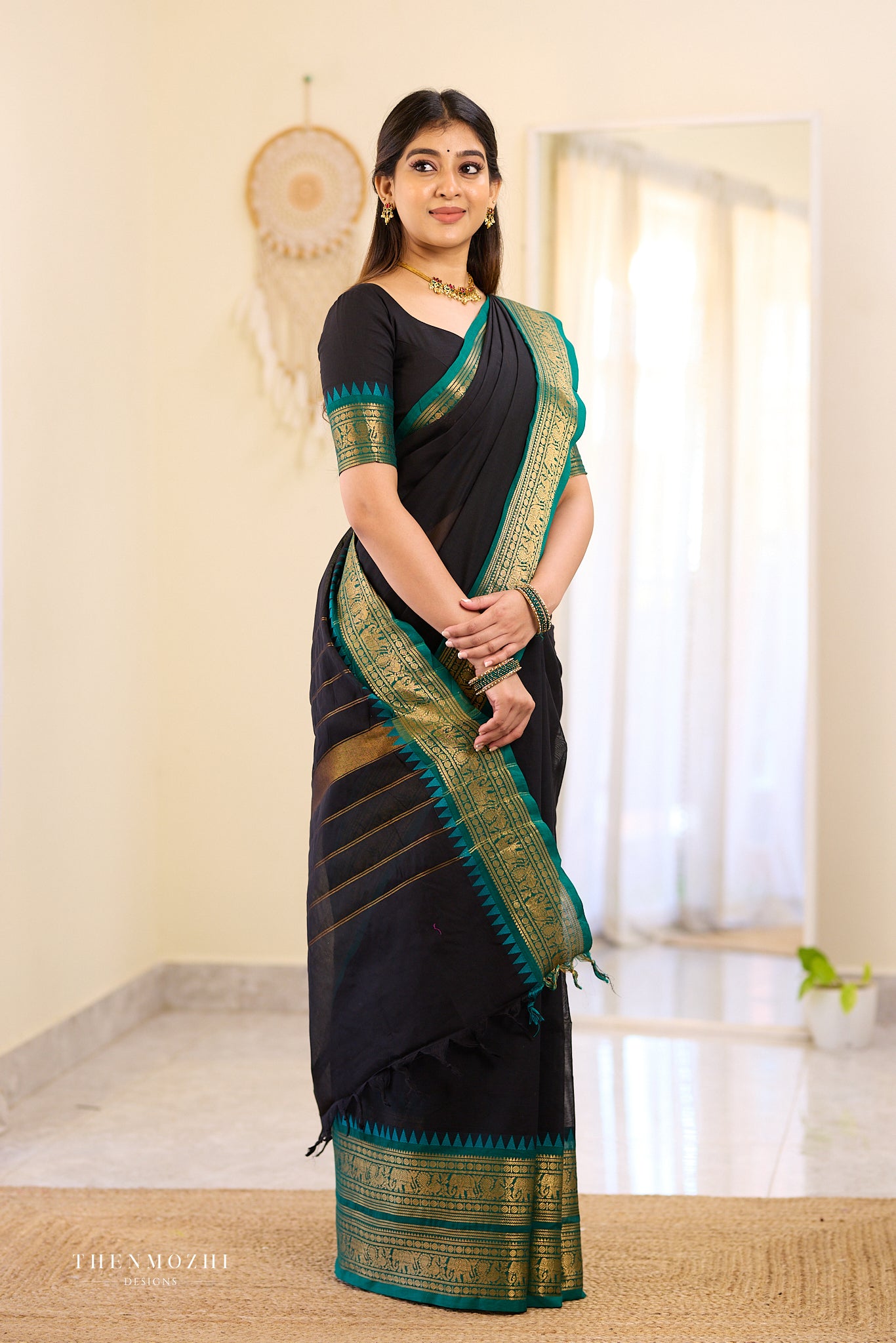 Black and Turquoise Chettinad Cotton Saree