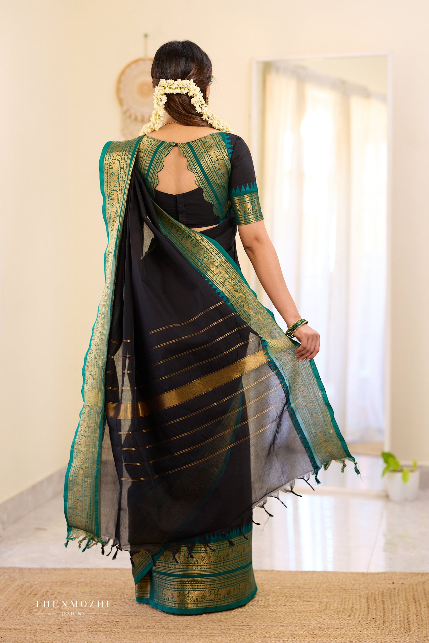 Black and Turquoise Chettinad Cotton Saree