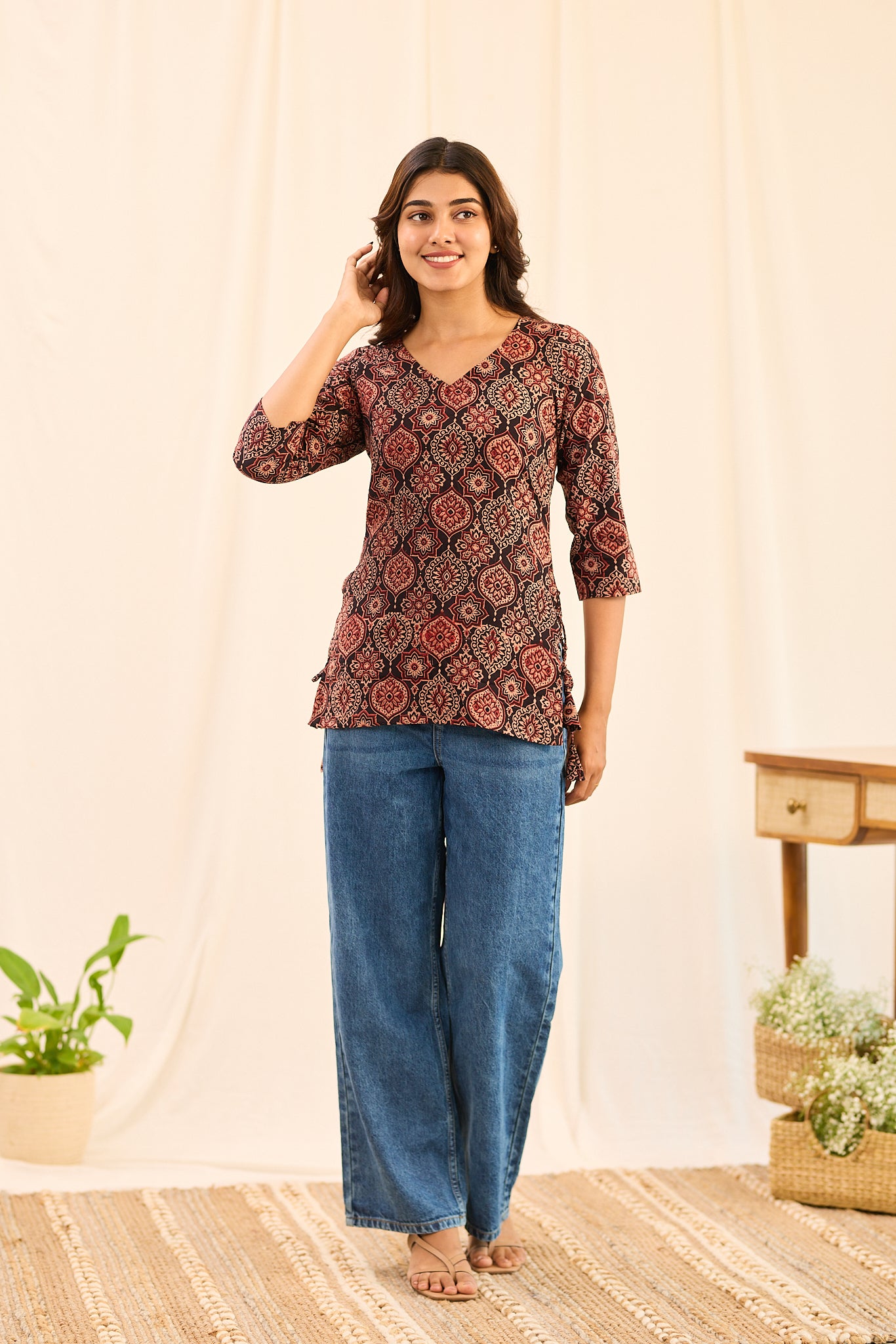 Black with Maroon Ajrakh Printed Cotton Short Kurti