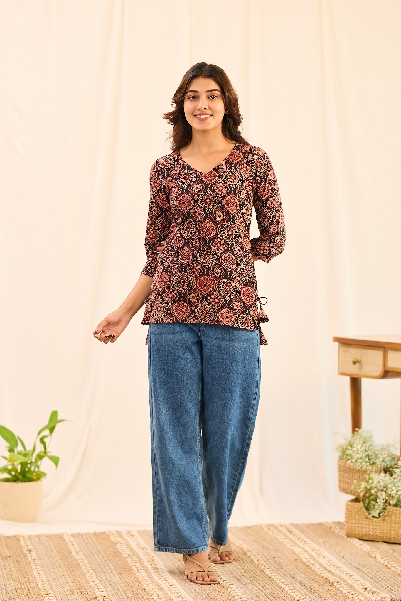 Black with Maroon Ajrakh Printed Cotton Short Kurti