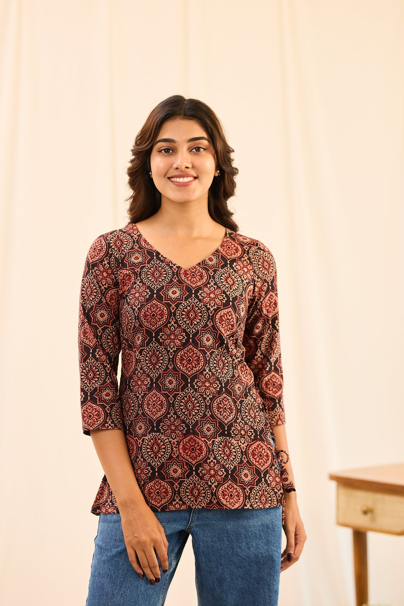 Black with Maroon Ajrakh Printed Cotton Short Kurti