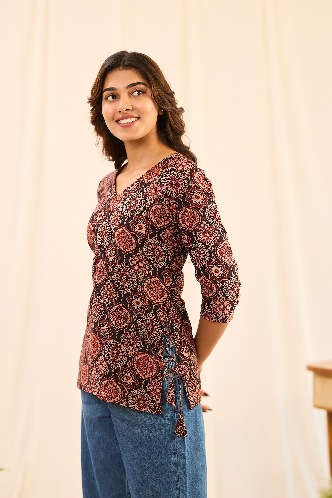 Black with Maroon Ajrakh Printed Cotton Short Kurti