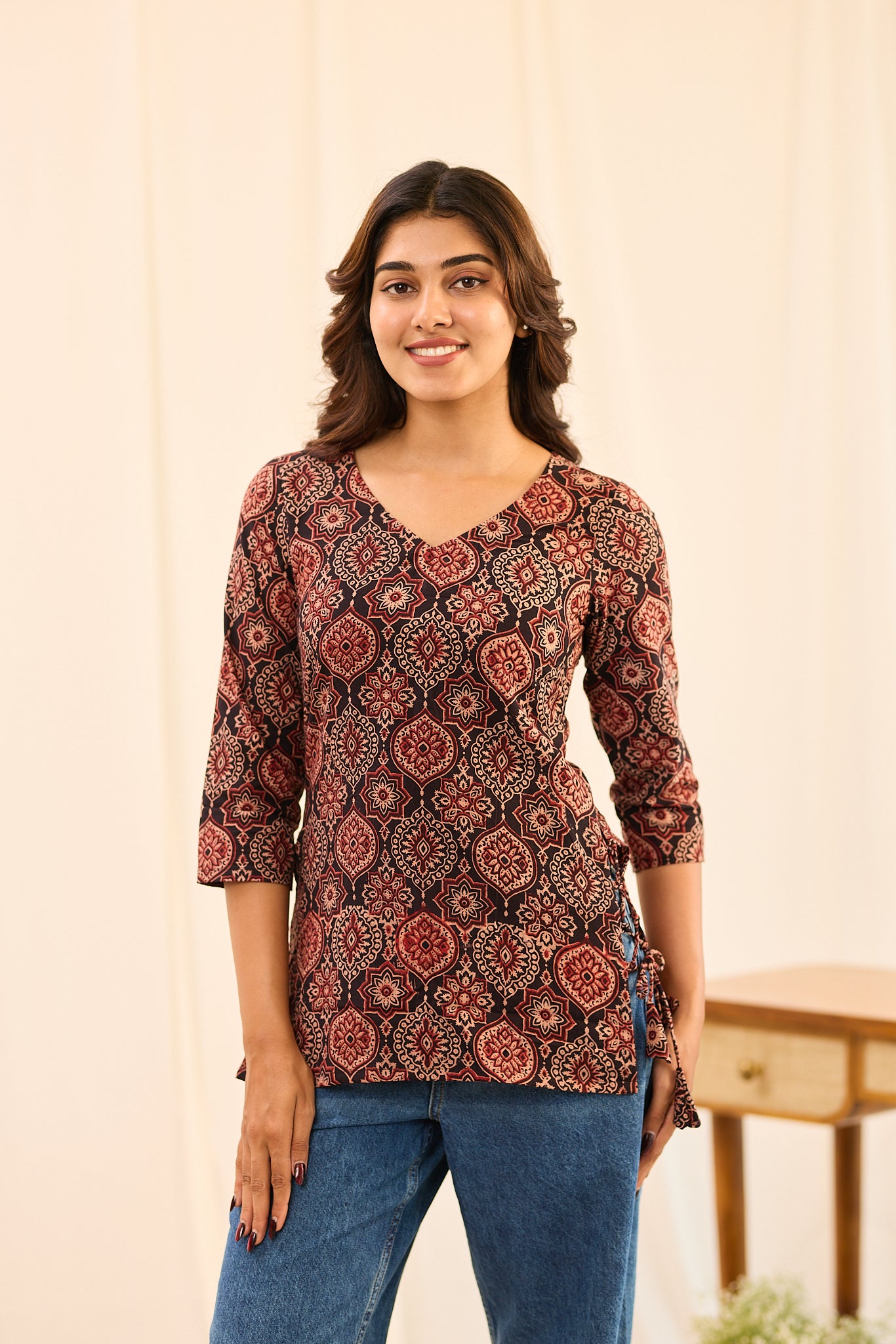 Black with Maroon Ajrakh Printed Cotton Short Kurti