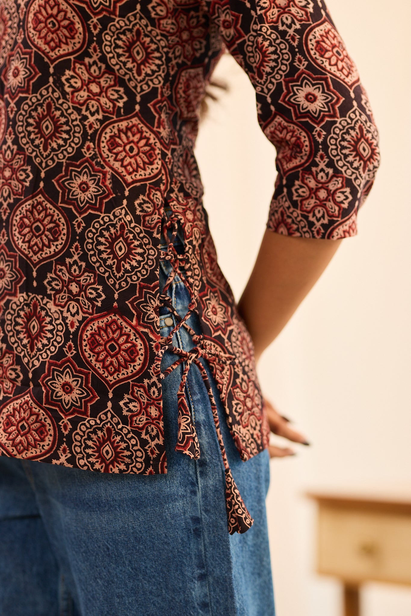 Black with Maroon Ajrakh Printed Cotton Short Kurti