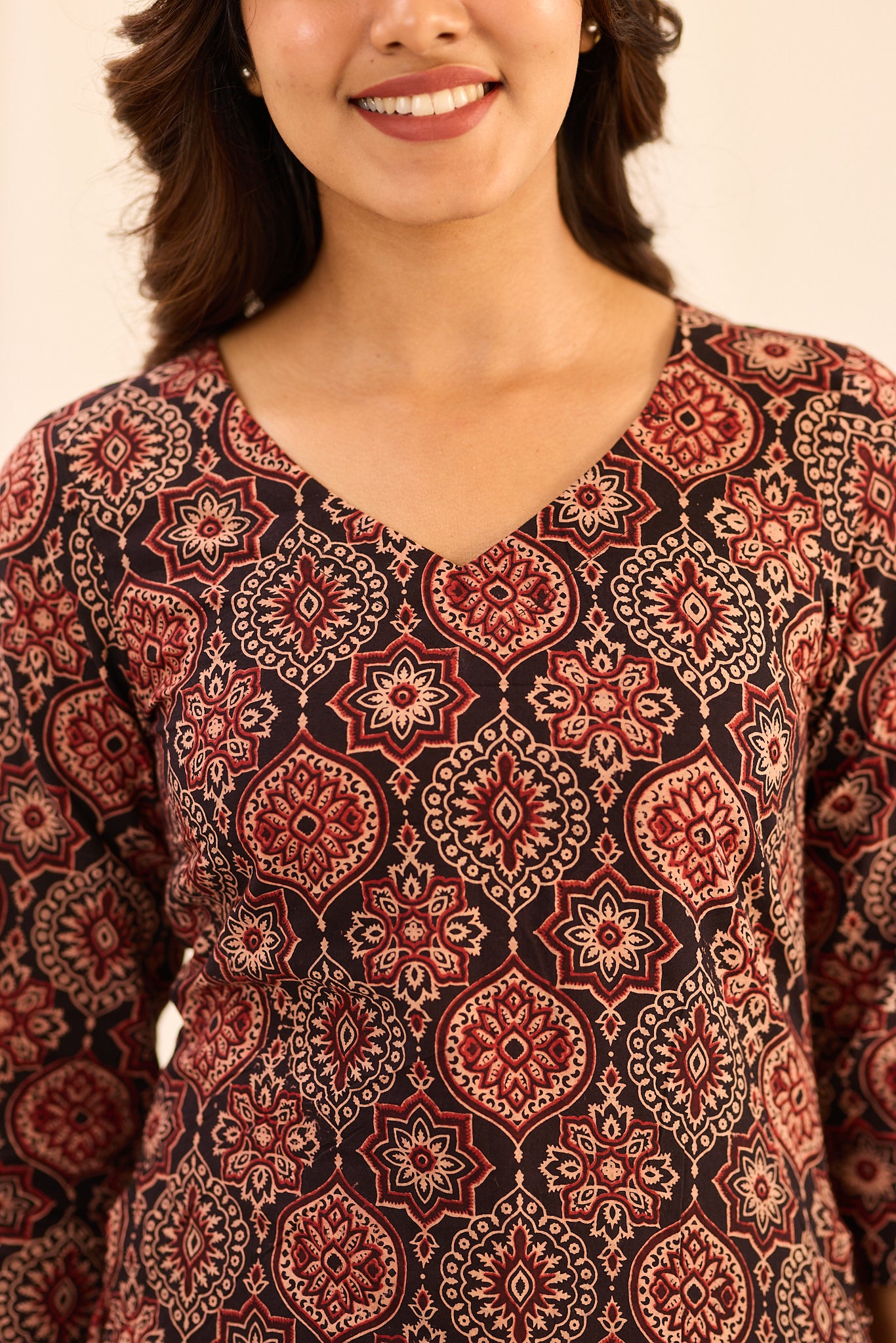 Black with Maroon Ajrakh Printed Cotton Short Kurti