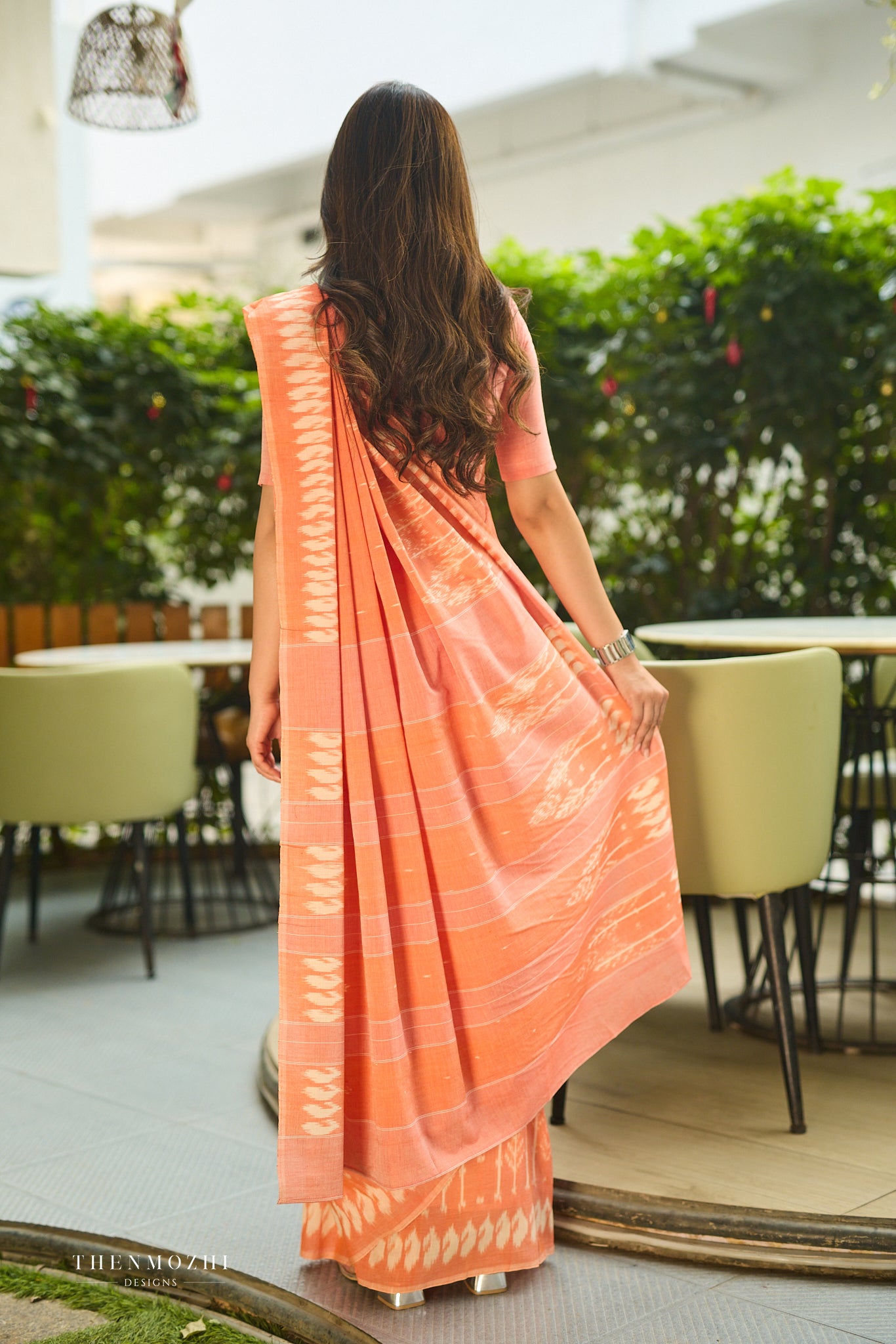 Blush Coral with Ivory Accents Ikkat Cotton Saree