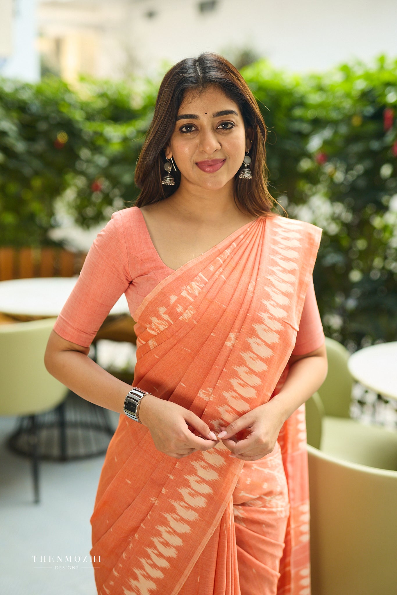 Blush Coral with Ivory Accents Ikkat Cotton Saree