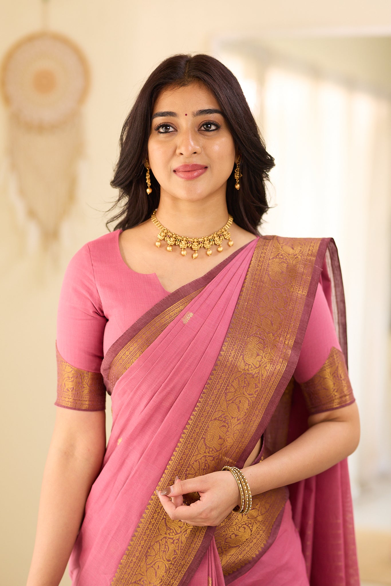 Blush Rose With Maroon Zari Border Chettinad Cotton Saree