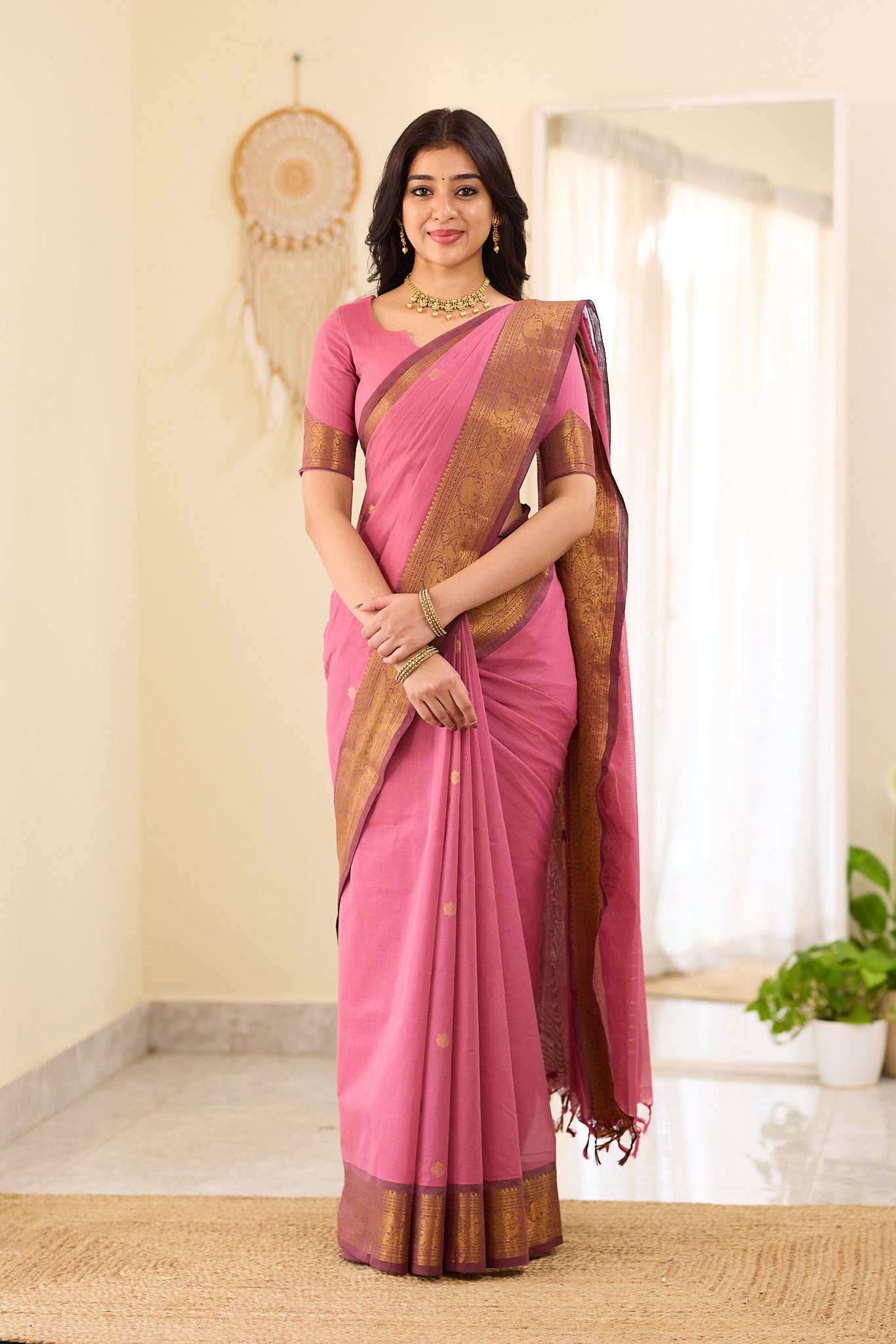 Blush Rose With Maroon Zari Border Chettinad Cotton Saree