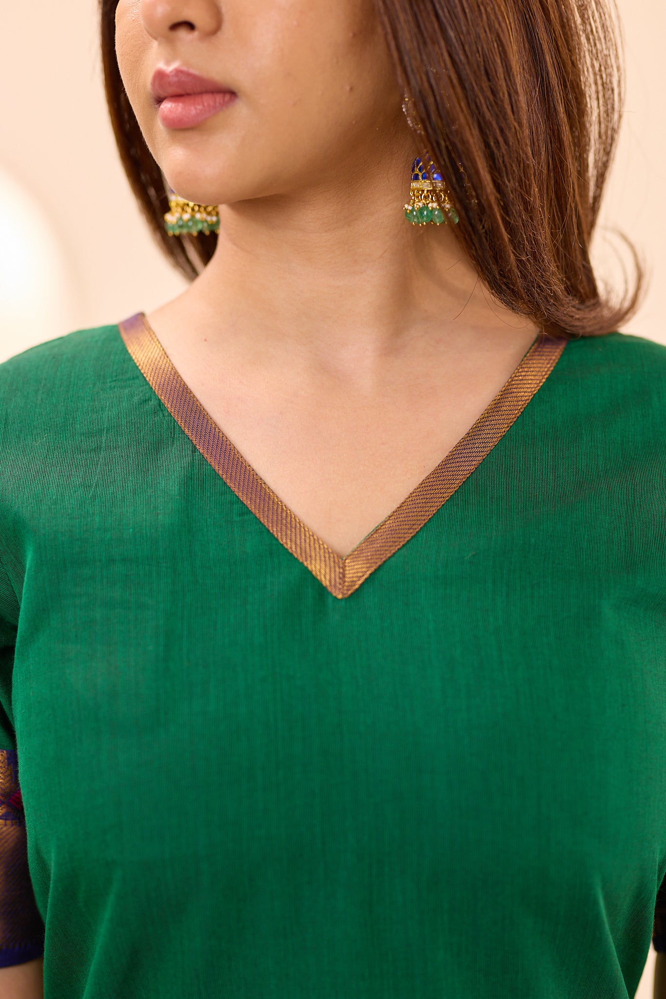 Bottle Green with Navy Blue Zari Border Chettinad Cotton Top and Dupatta