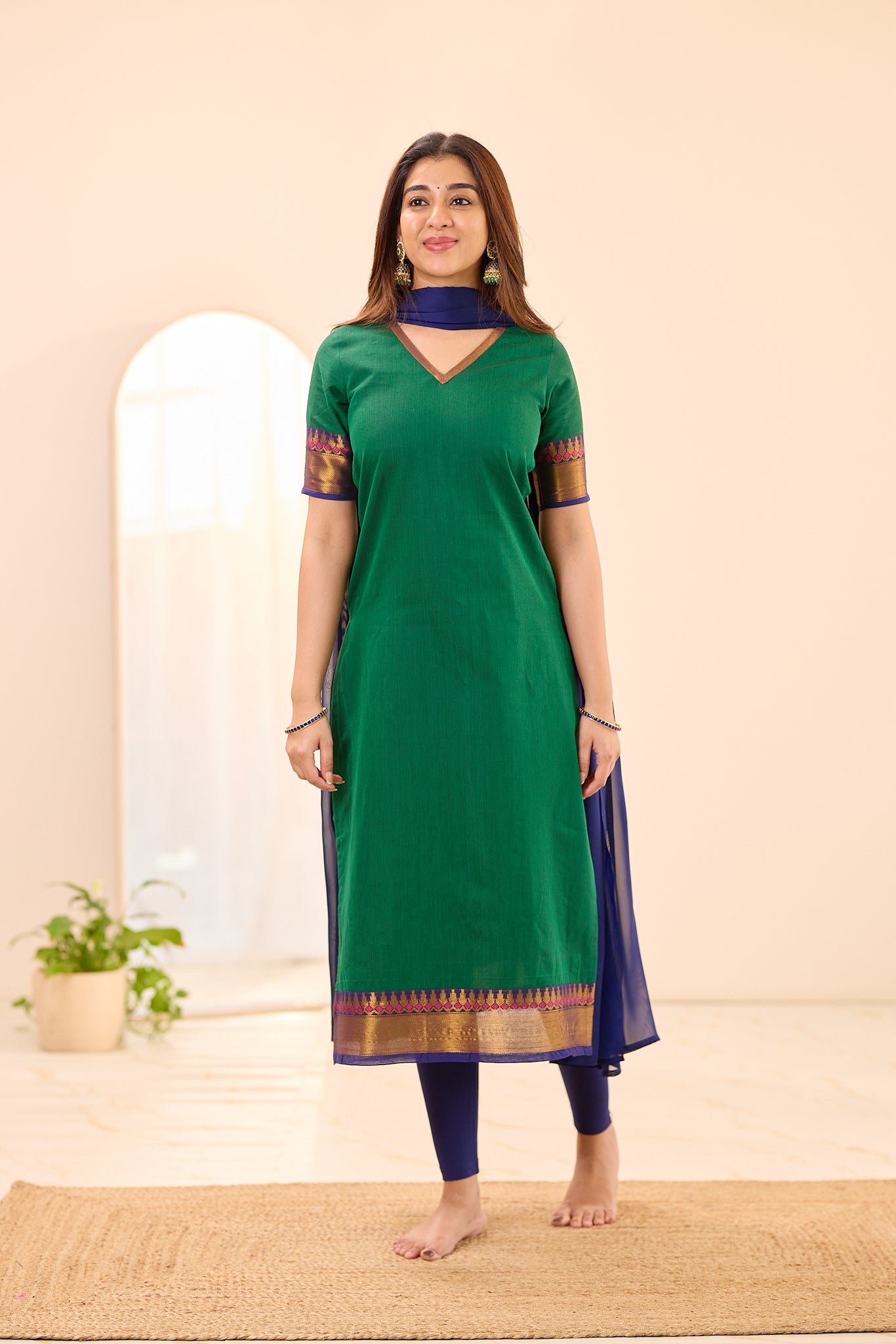 Bottle Green with Navy Blue Zari Border Chettinad Cotton Top and Dupatta