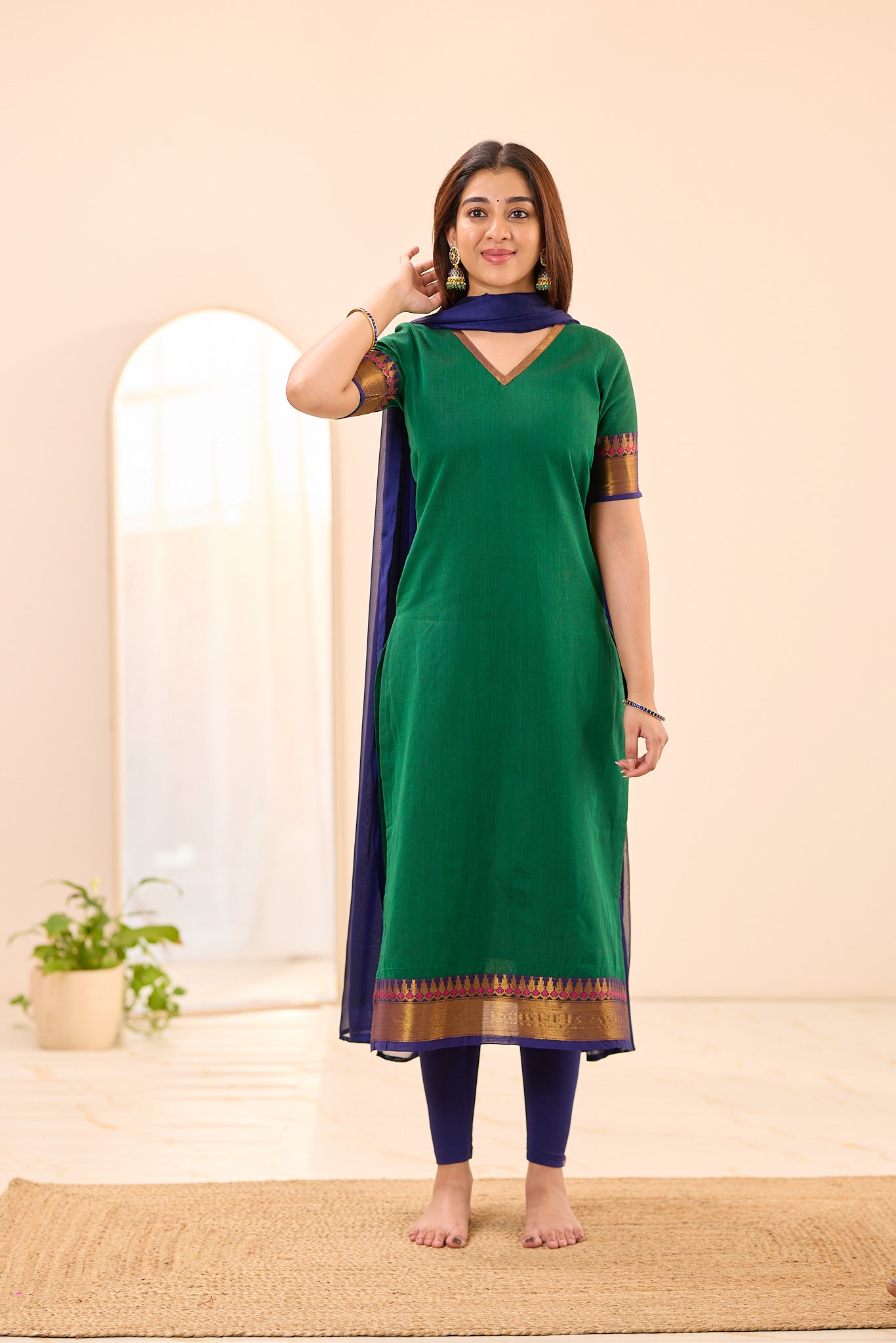 Bottle Green with Navy Blue Zari Border Chettinad Cotton Top and Dupatta