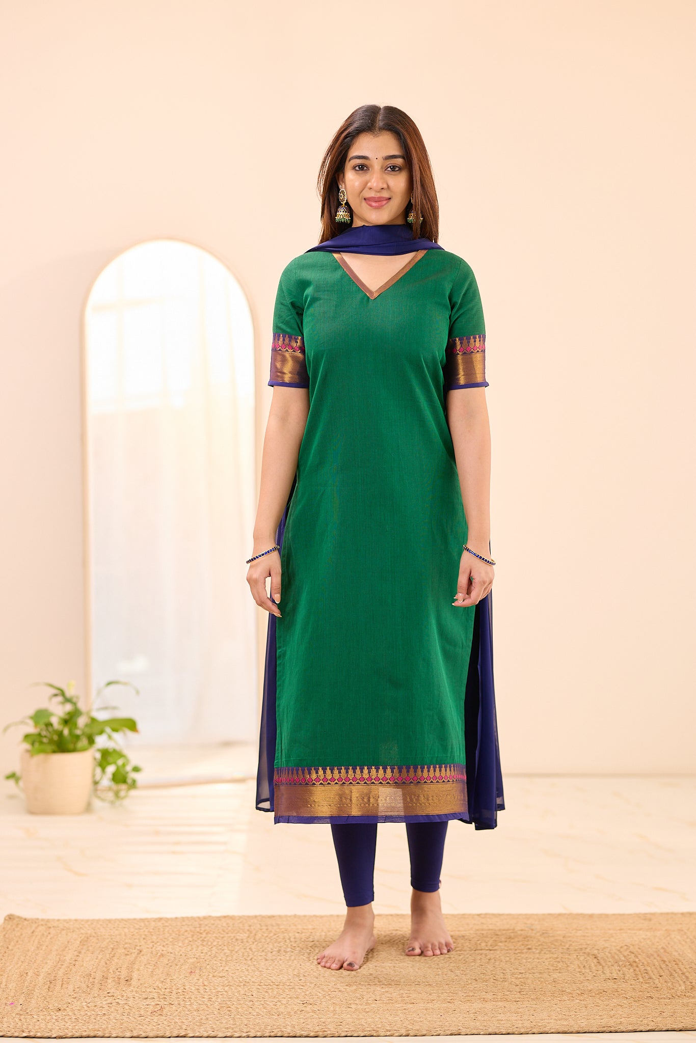 Bottle Green with Navy Blue Zari Border Chettinad Cotton Top and Dupatta