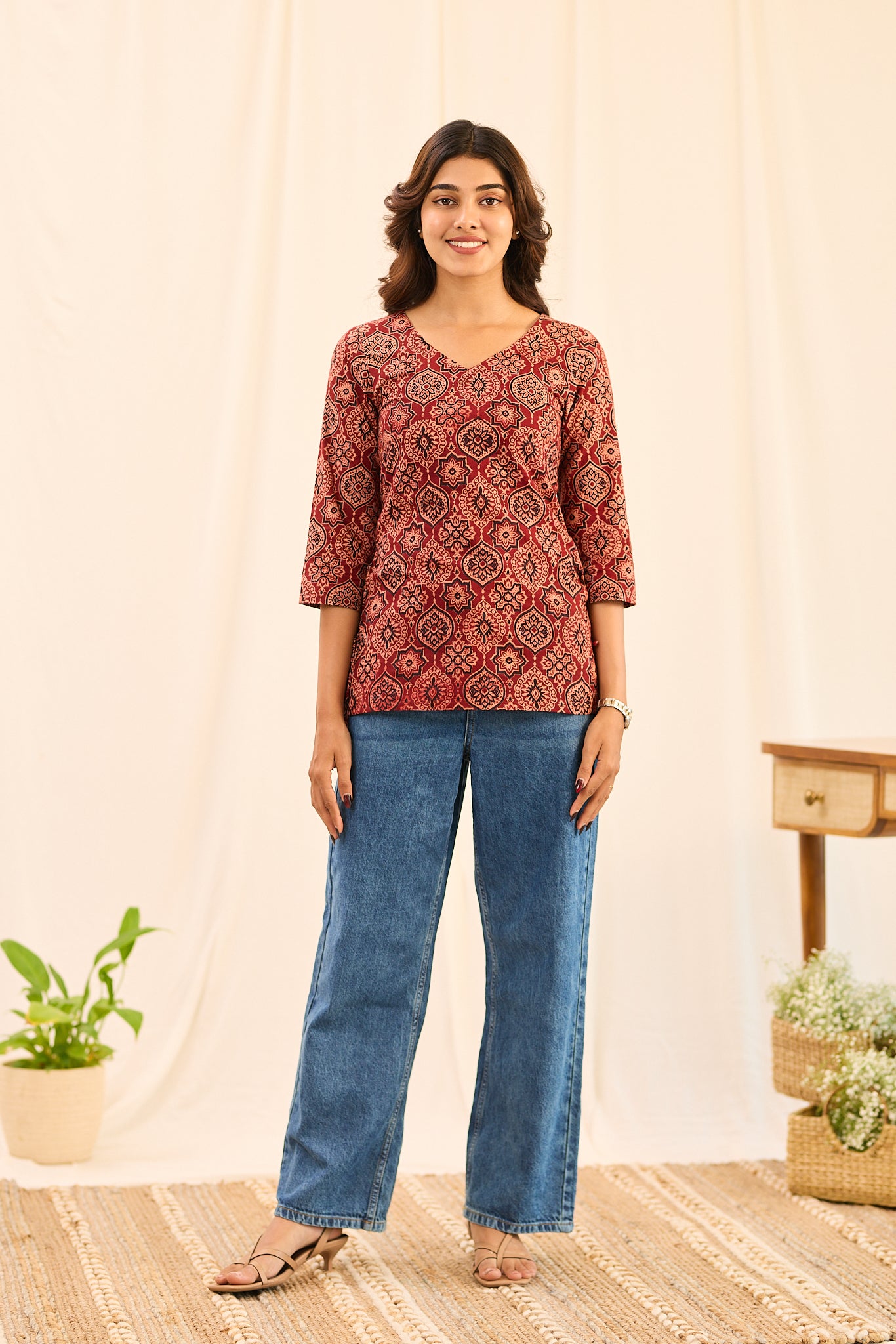 Brick Red with Beige Ajrakh Printed Cotton Short Kurti