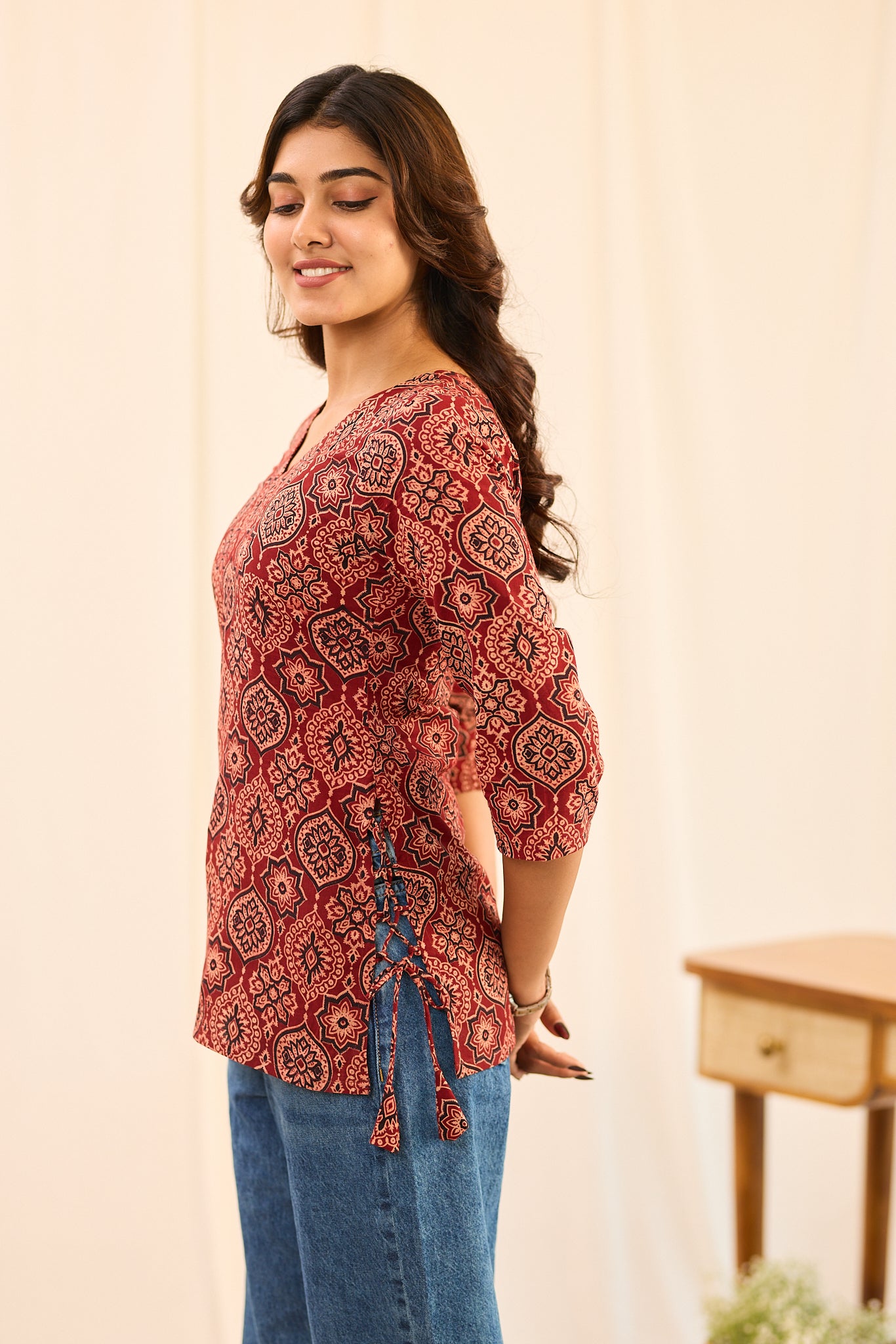 Brick Red with Beige Ajrakh Printed Cotton Short Kurti