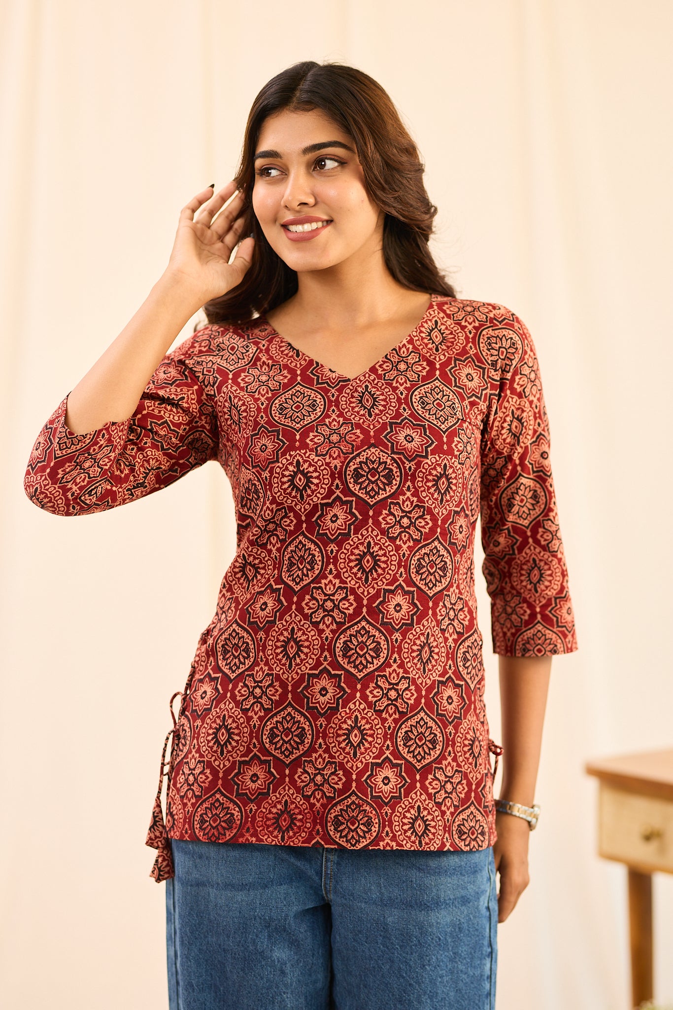 Brick Red with Beige Ajrakh Printed Cotton Short Kurti
