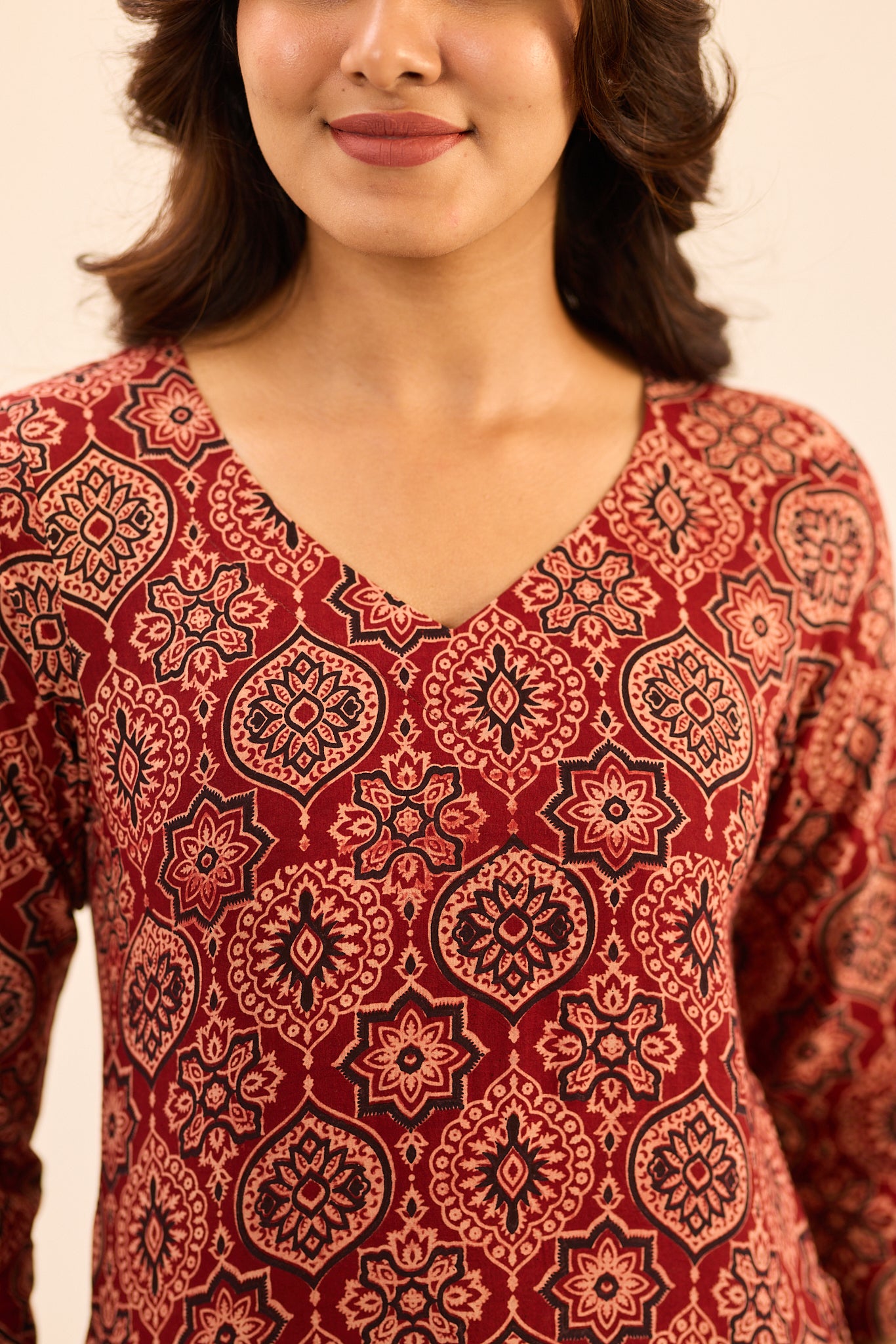 Brick Red with Beige Ajrakh Printed Cotton Short Kurti
