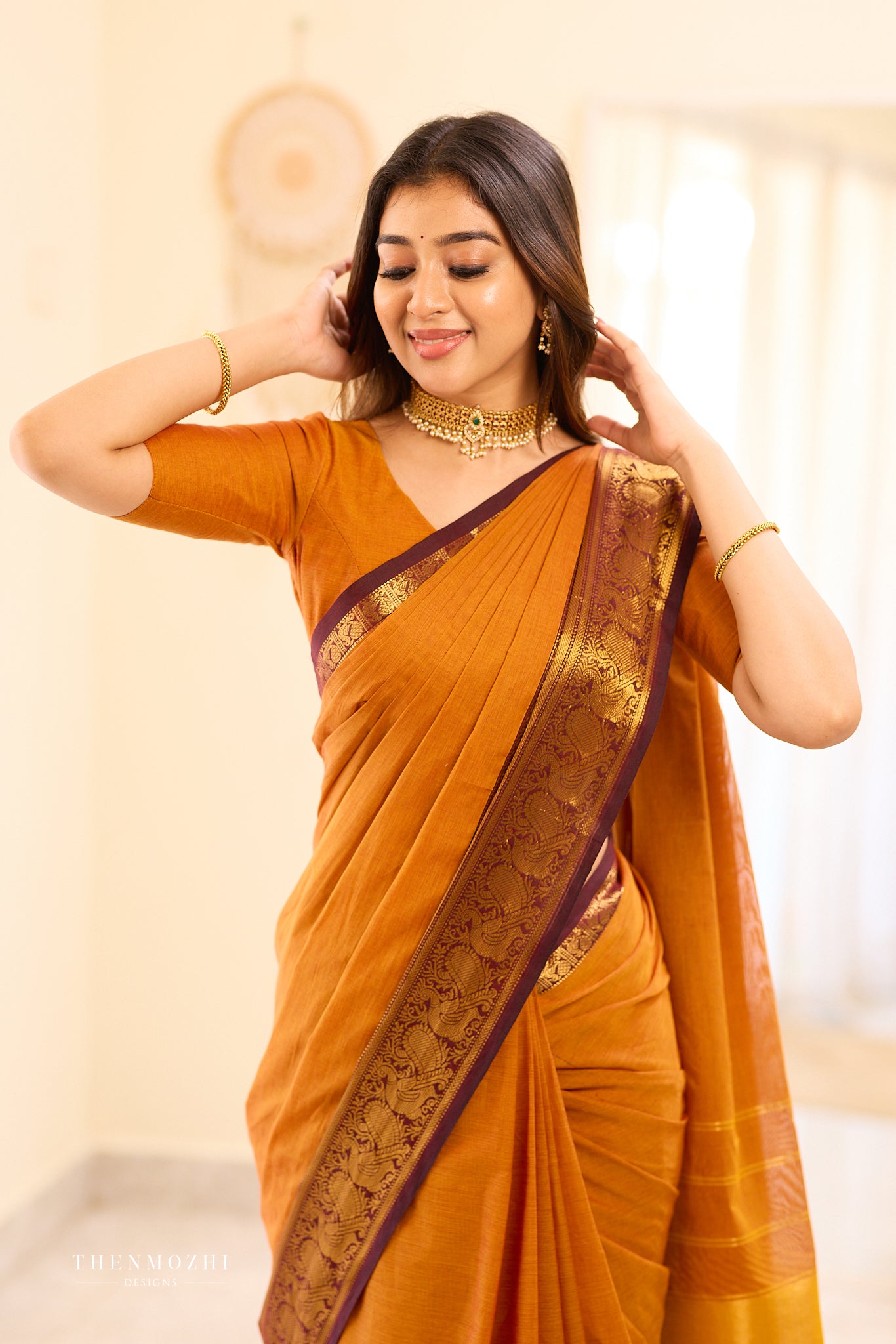 Burnt Orange with Purple Border Chettinad Cotton Saree